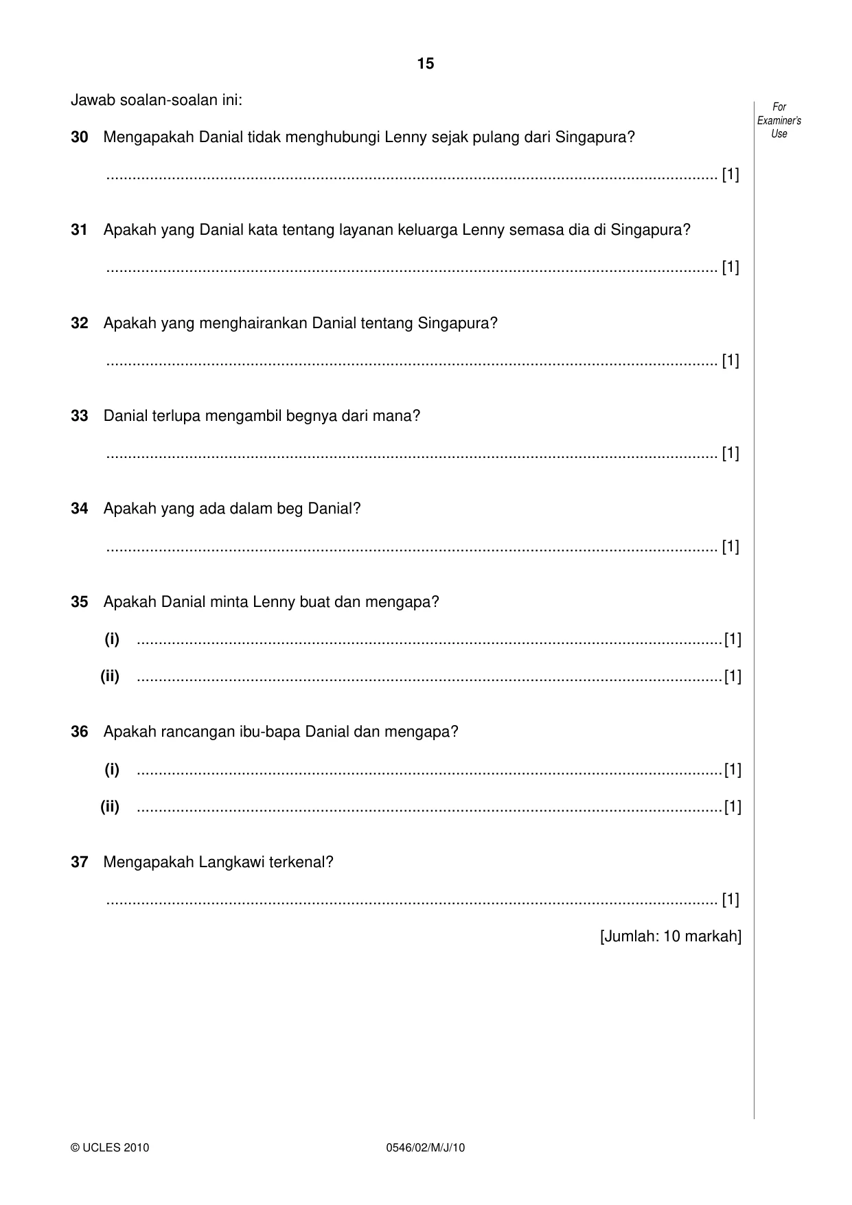 Cambridge IGCSE Malay - Foreign Language 0546 2010 May/June Paper 2 · Variant 1 question paper, page 15 of 16
