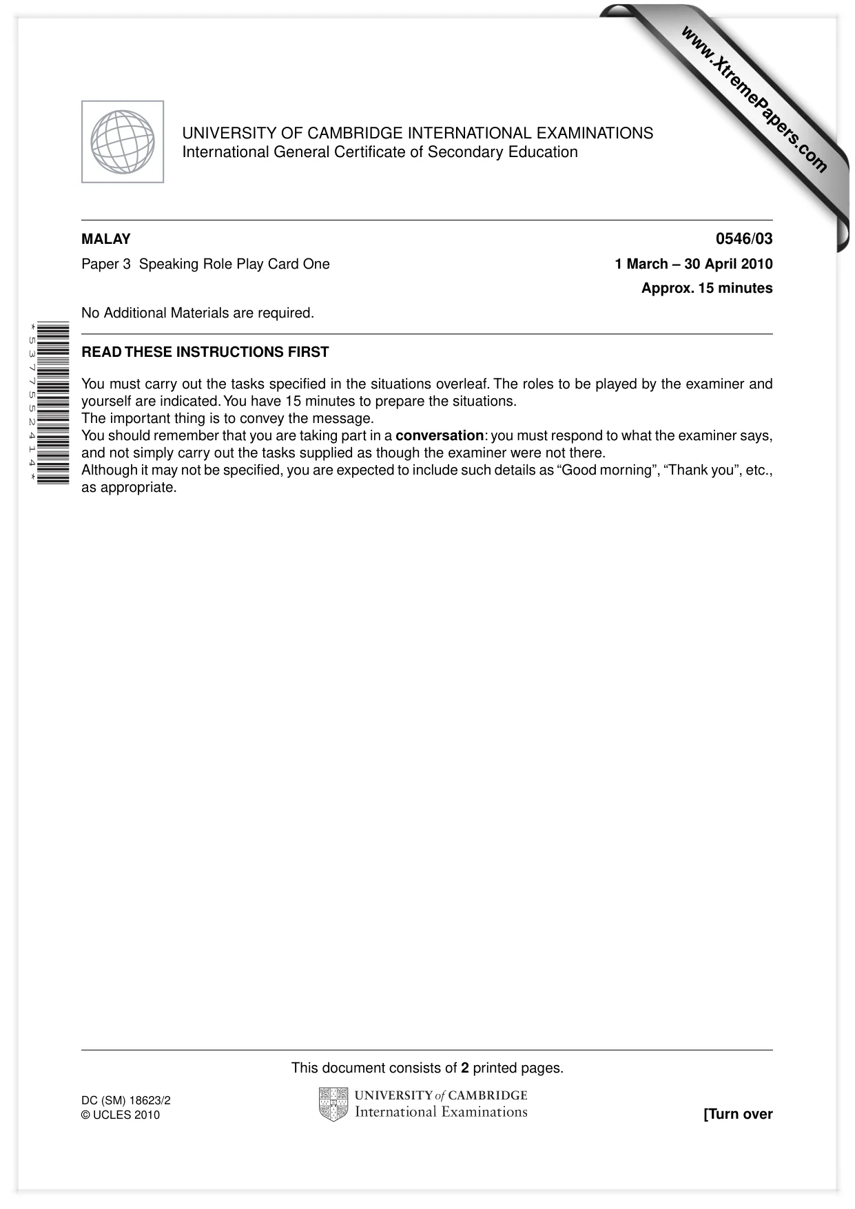 Cambridge IGCSE Malay - Foreign Language 0546 2010 May/June Paper 3 · Variant 1 question paper, page 1 of 18
