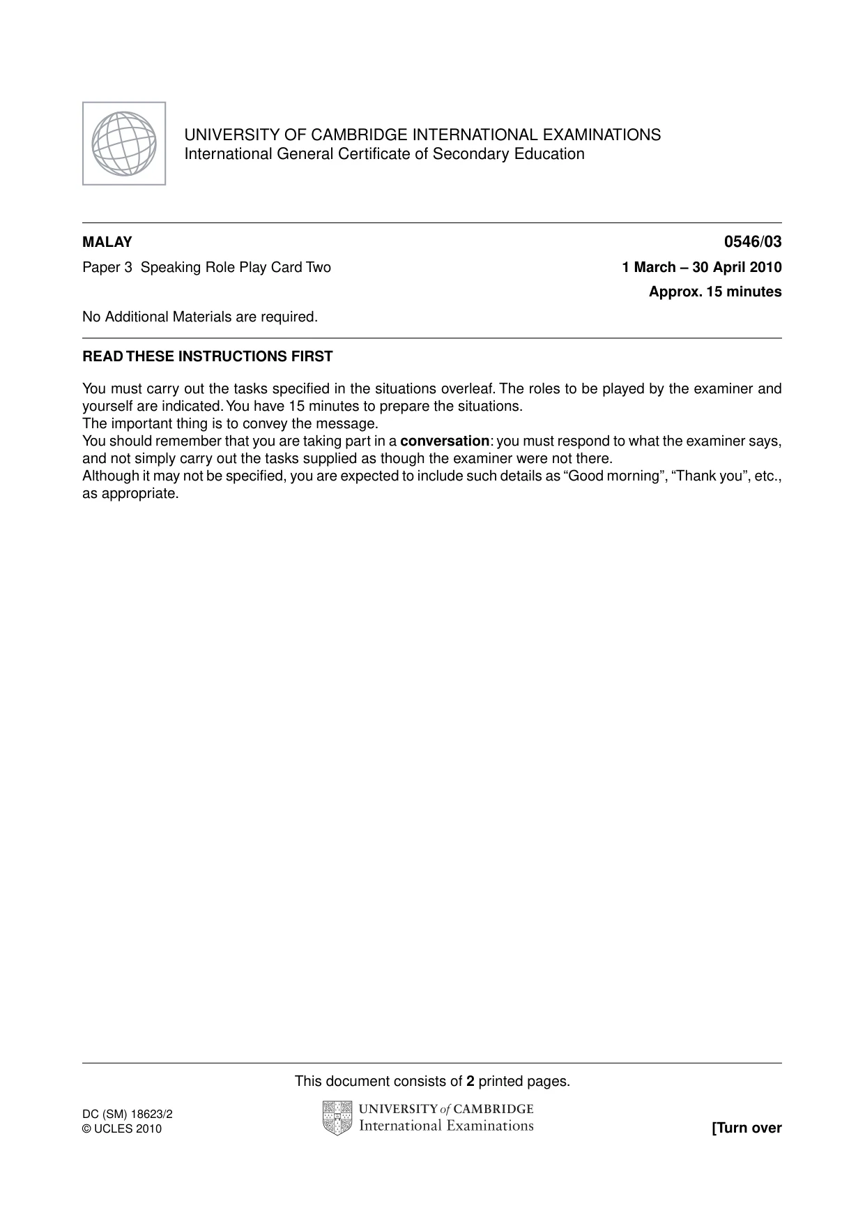 Cambridge IGCSE Malay - Foreign Language 0546 2010 May/June Paper 3 · Variant 1 question paper, page 3 of 18