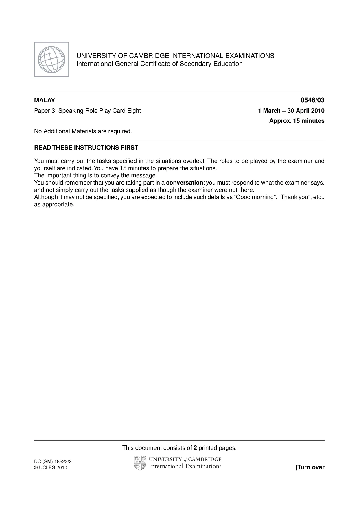 Cambridge IGCSE Malay - Foreign Language 0546 2010 May/June Paper 3 · Variant 1 question paper, page 15 of 18