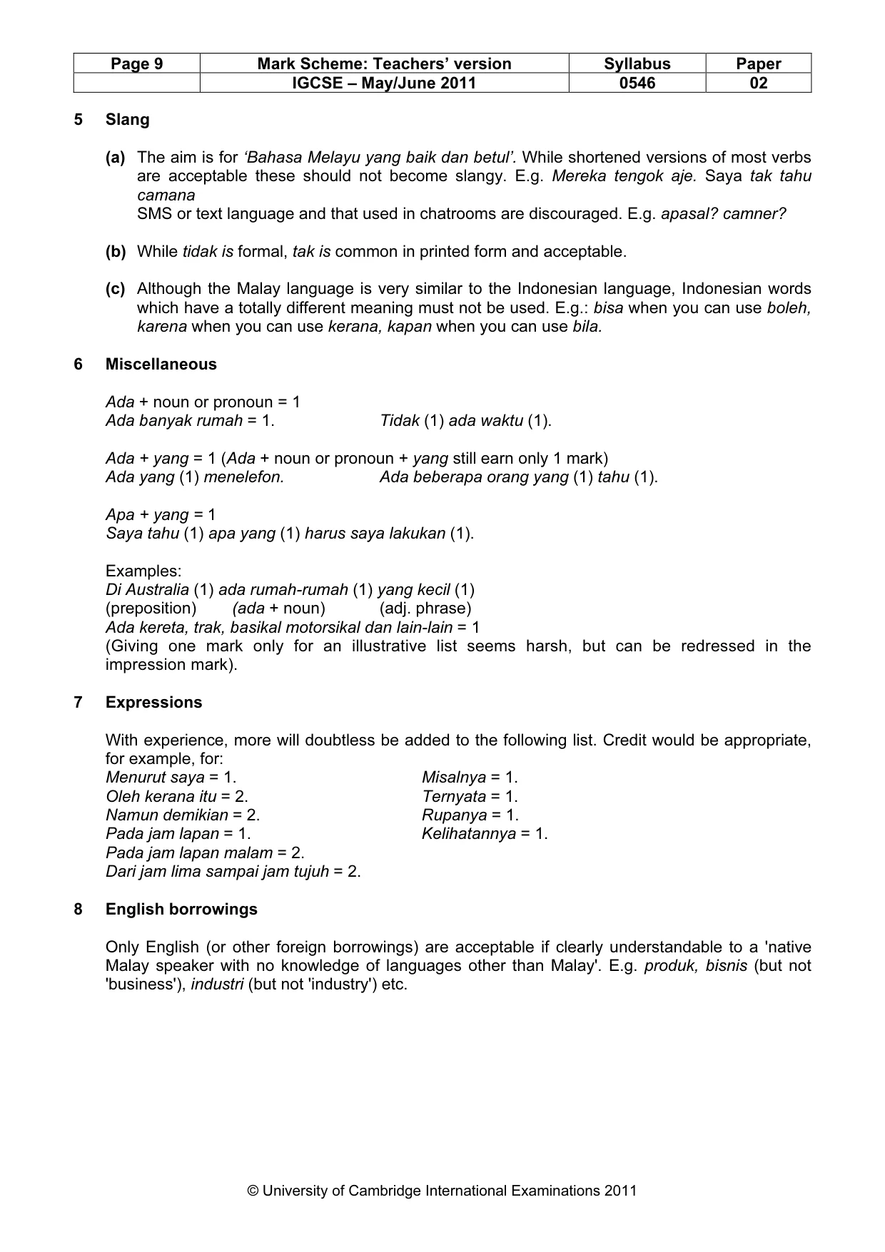Mark scheme, page 9 of 10