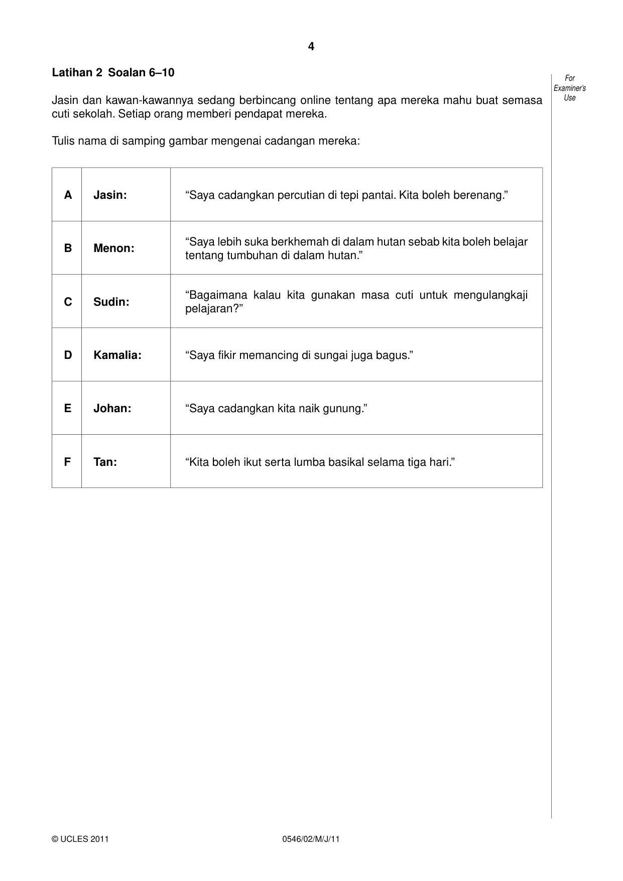 Cambridge IGCSE Malay - Foreign Language 0546 2011 May/June Paper 2 · Variant 1 question paper, page 4 of 16