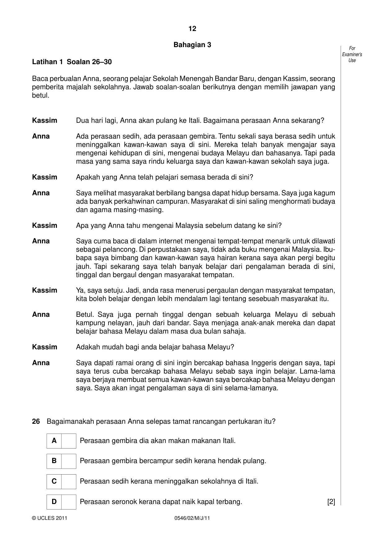 Cambridge IGCSE Malay - Foreign Language 0546 2011 May/June Paper 2 · Variant 1 question paper, page 12 of 16