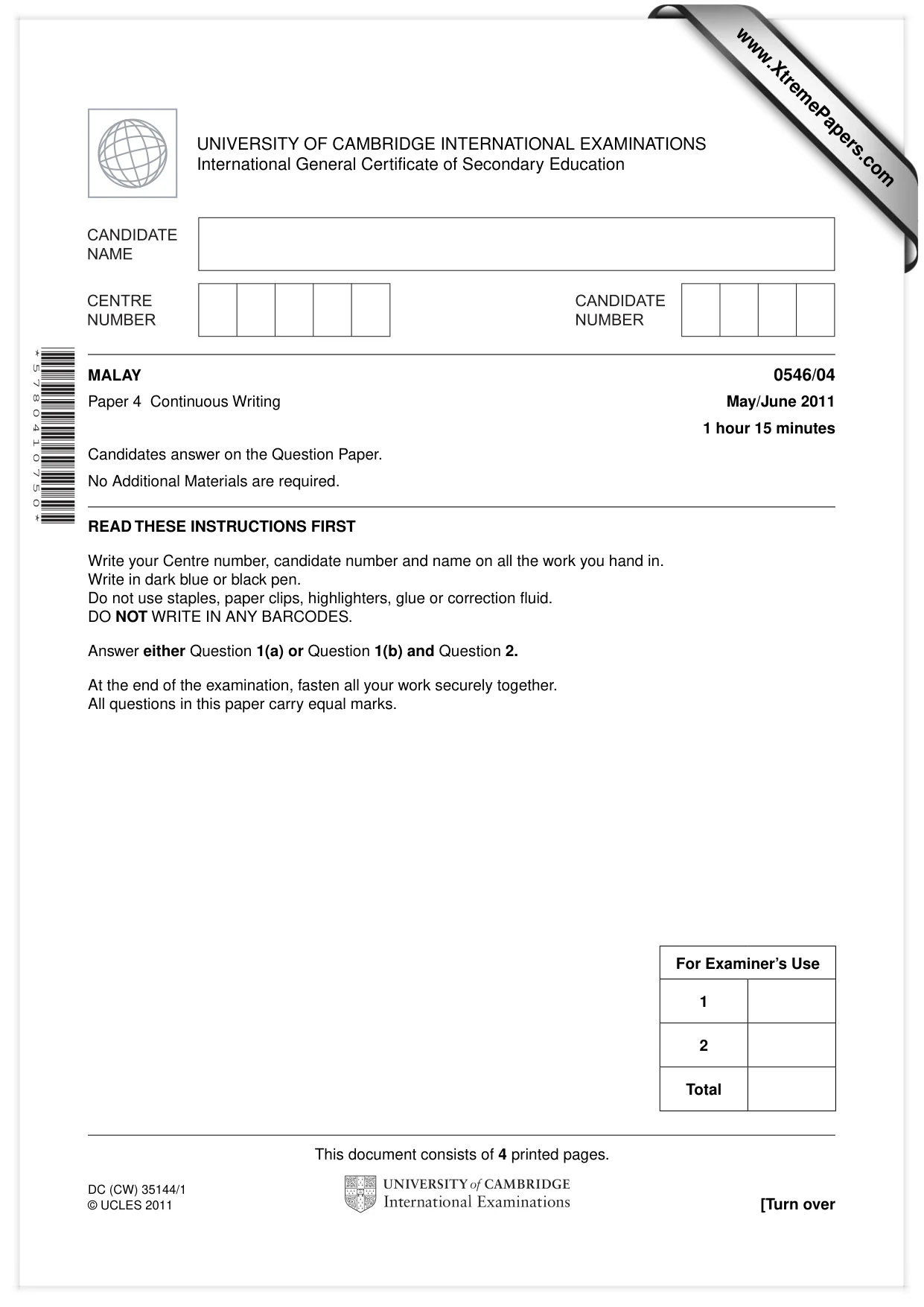 Cambridge IGCSE Malay - Foreign Language 0546 2011 May/June Paper 4 · Variant 1 question paper, page 1 of 4