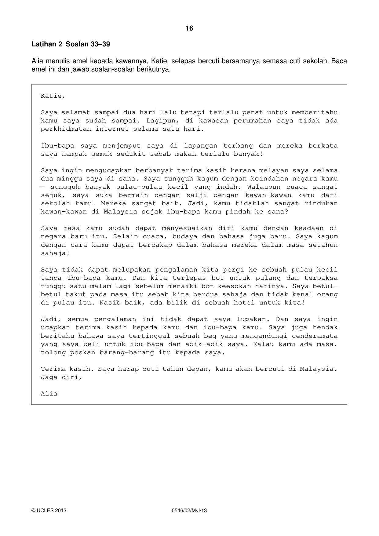 Cambridge IGCSE Malay - Foreign Language 0546 2013 May/June Paper 2 · Variant 1 question paper, page 16 of 20