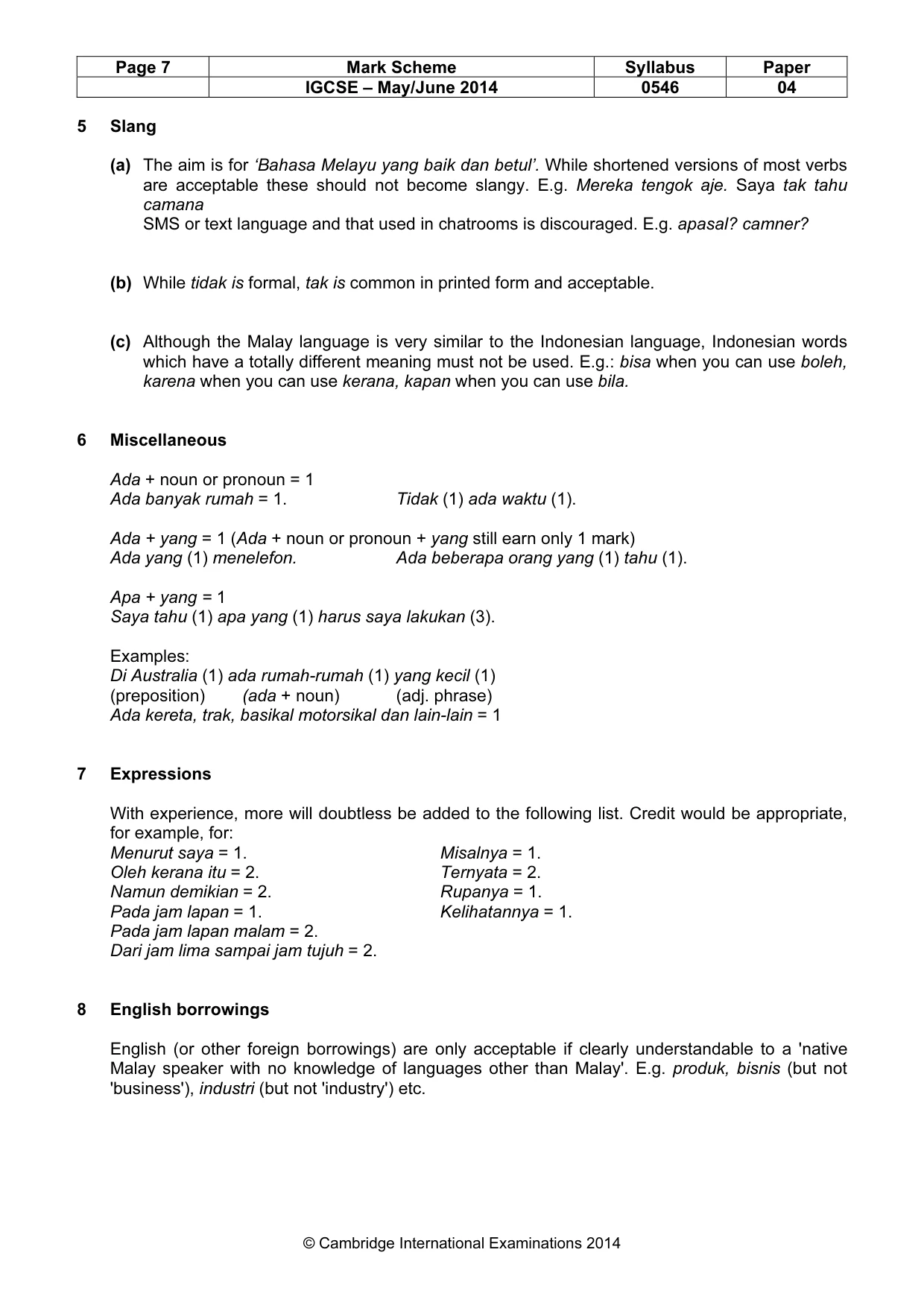 Mark scheme, page 7 of 10