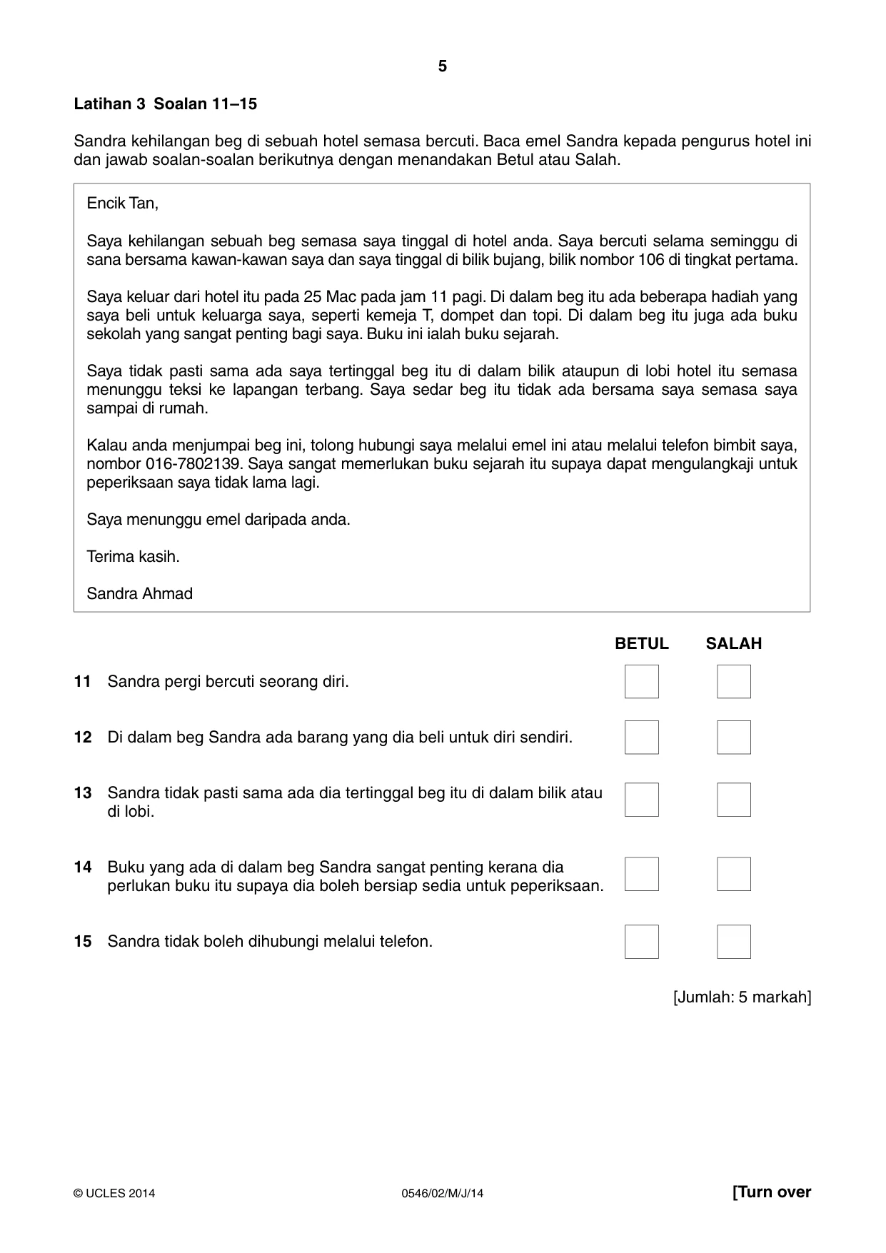 Cambridge IGCSE Malay - Foreign Language 0546 2014 May/June Paper 2 · Variant 1 question paper, page 5 of 16