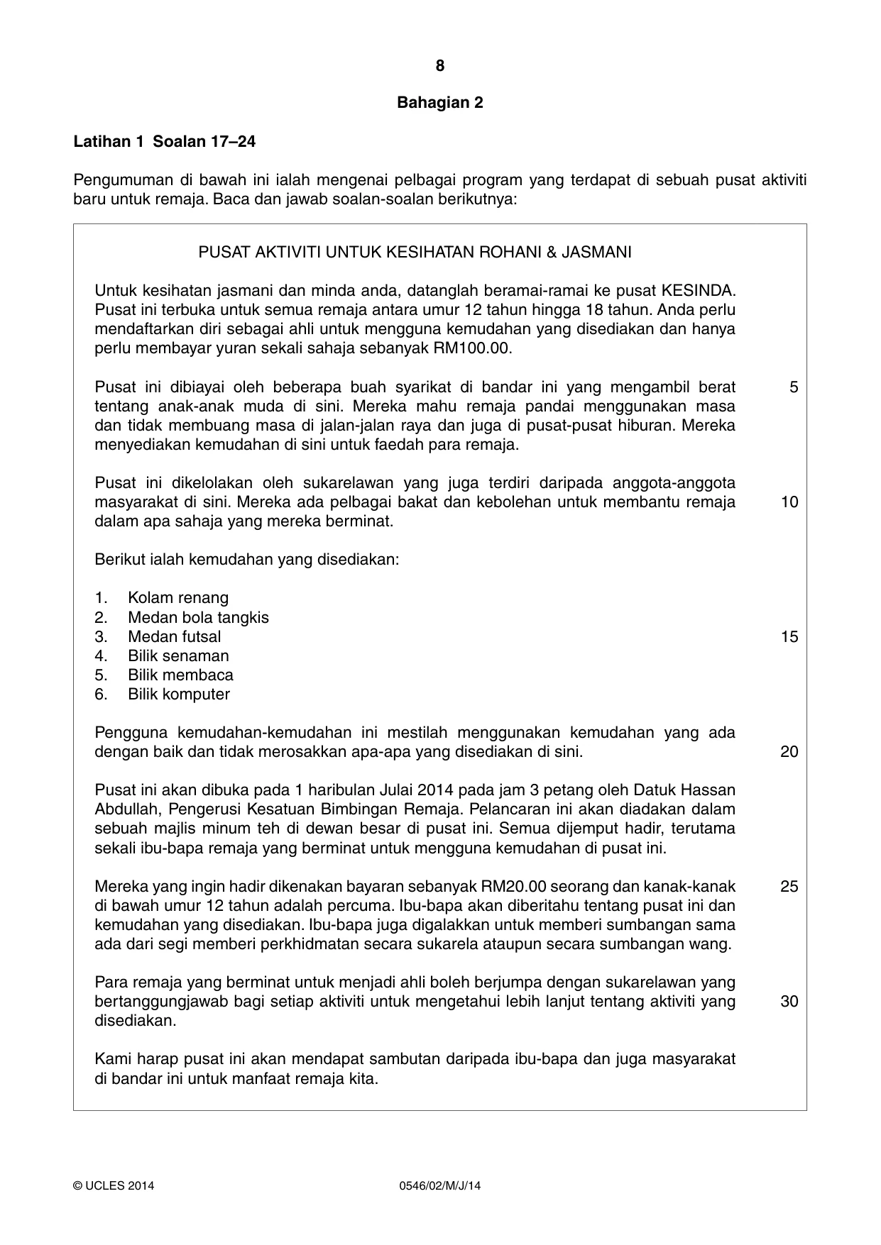 Cambridge IGCSE Malay - Foreign Language 0546 2014 May/June Paper 2 · Variant 1 question paper, page 8 of 16