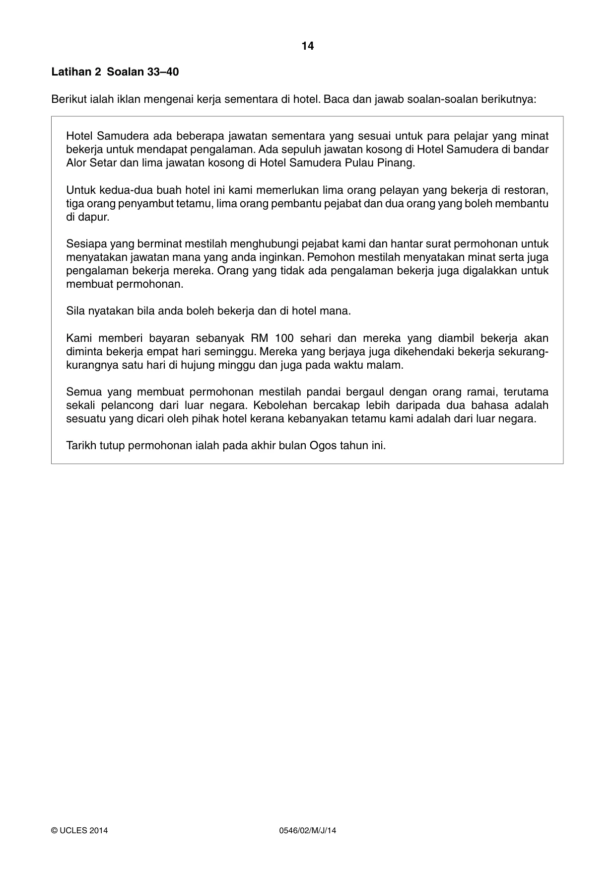 Cambridge IGCSE Malay - Foreign Language 0546 2014 May/June Paper 2 · Variant 1 question paper, page 14 of 16