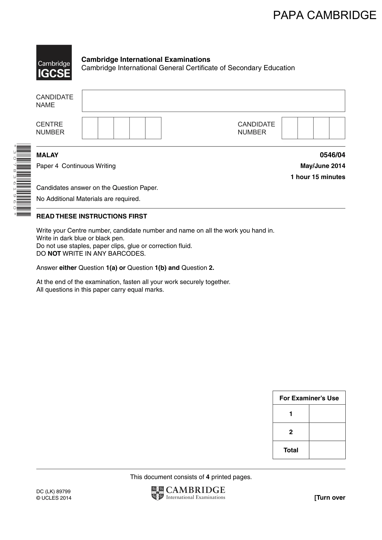 Cambridge IGCSE Malay - Foreign Language 0546 2014 May/June Paper 4 · Variant 1 question paper, page 1 of 4