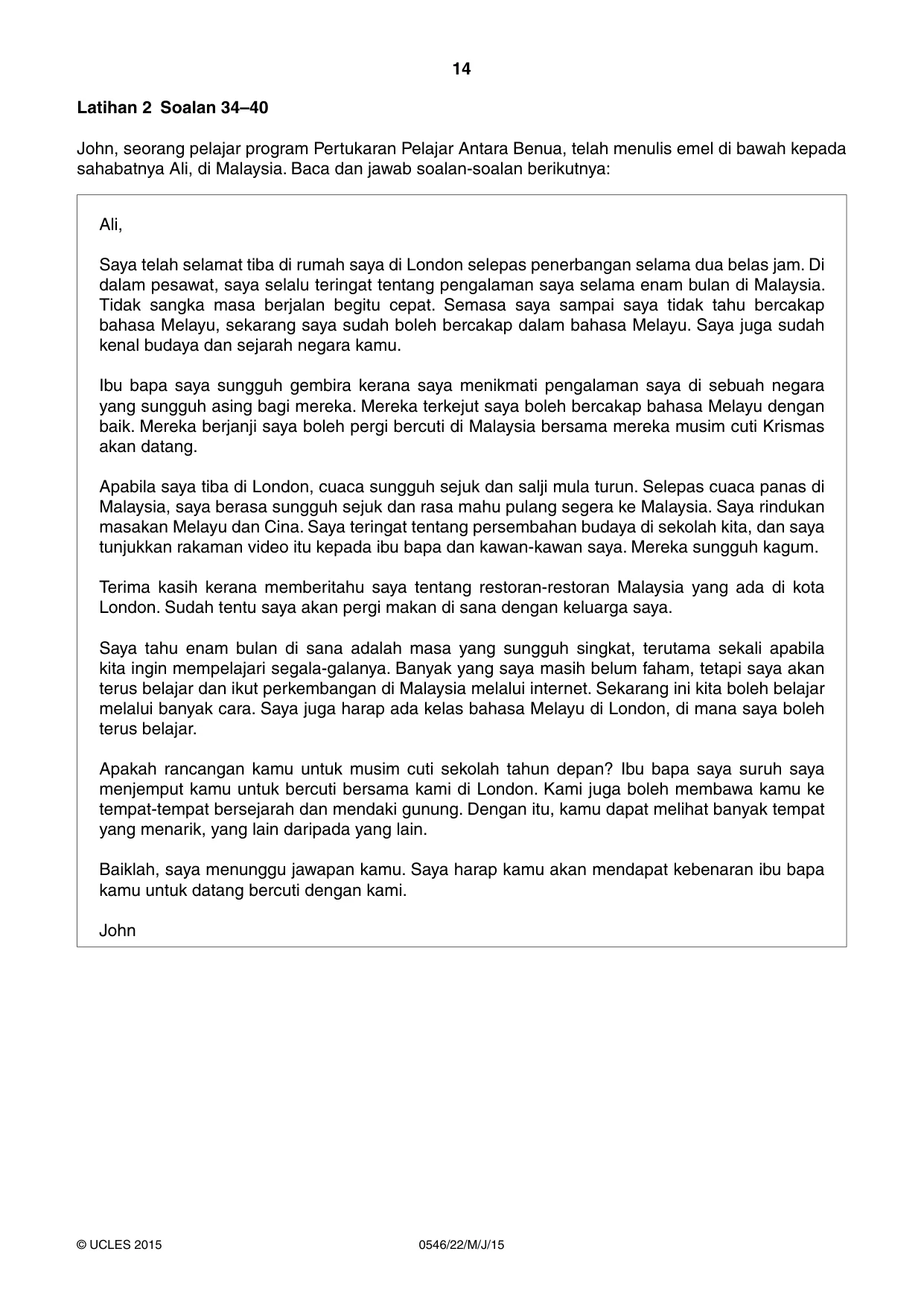 Cambridge IGCSE Malay - Foreign Language 0546 2015 May/June Paper 2 · Variant 2 question paper, page 14 of 16