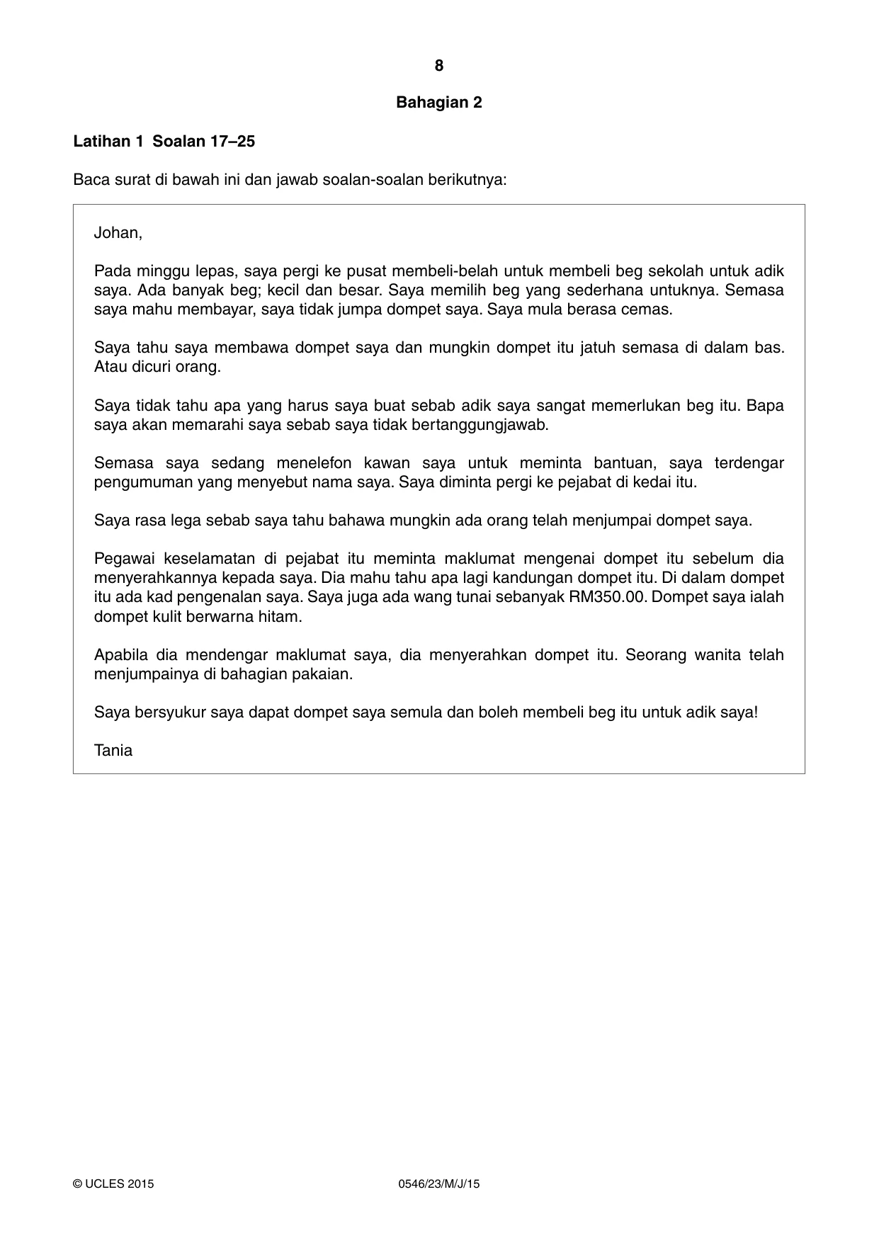 Cambridge IGCSE Malay - Foreign Language 0546 2015 May/June Paper 2 · Variant 3 question paper, page 8 of 16