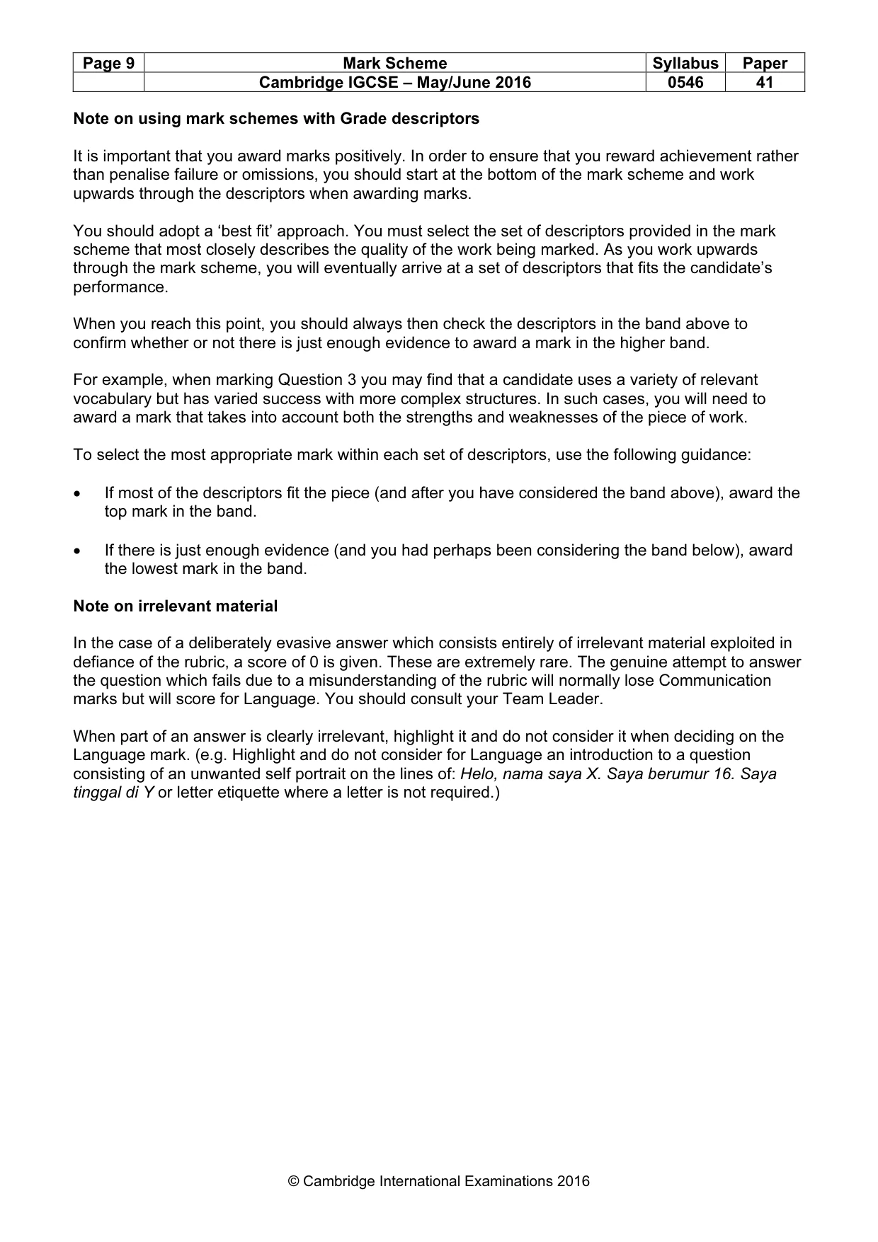 Mark scheme, page 9 of 9