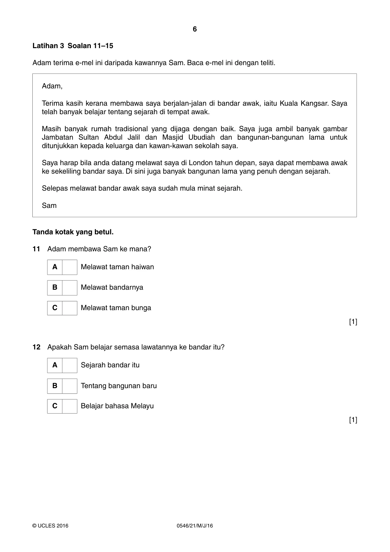 Cambridge IGCSE Malay - Foreign Language 0546 2016 May/June Paper 2 · Variant 1 question paper, page 6 of 16