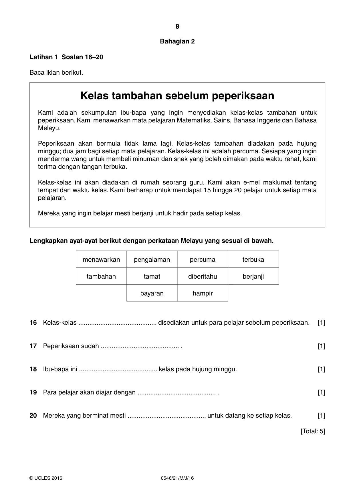 Cambridge IGCSE Malay - Foreign Language 0546 2016 May/June Paper 2 · Variant 1 question paper, page 8 of 16