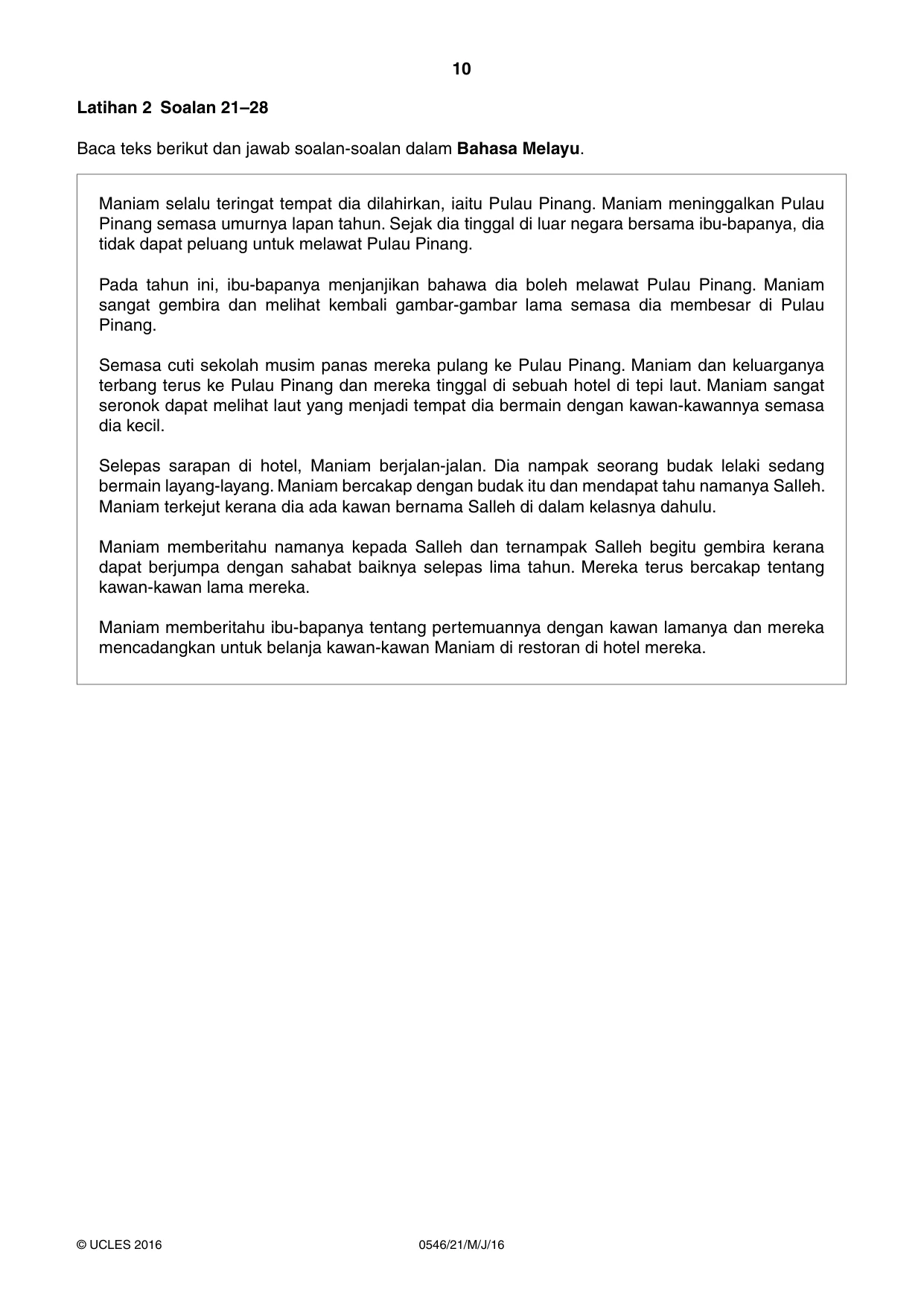 Cambridge IGCSE Malay - Foreign Language 0546 2016 May/June Paper 2 · Variant 1 question paper, page 10 of 16
