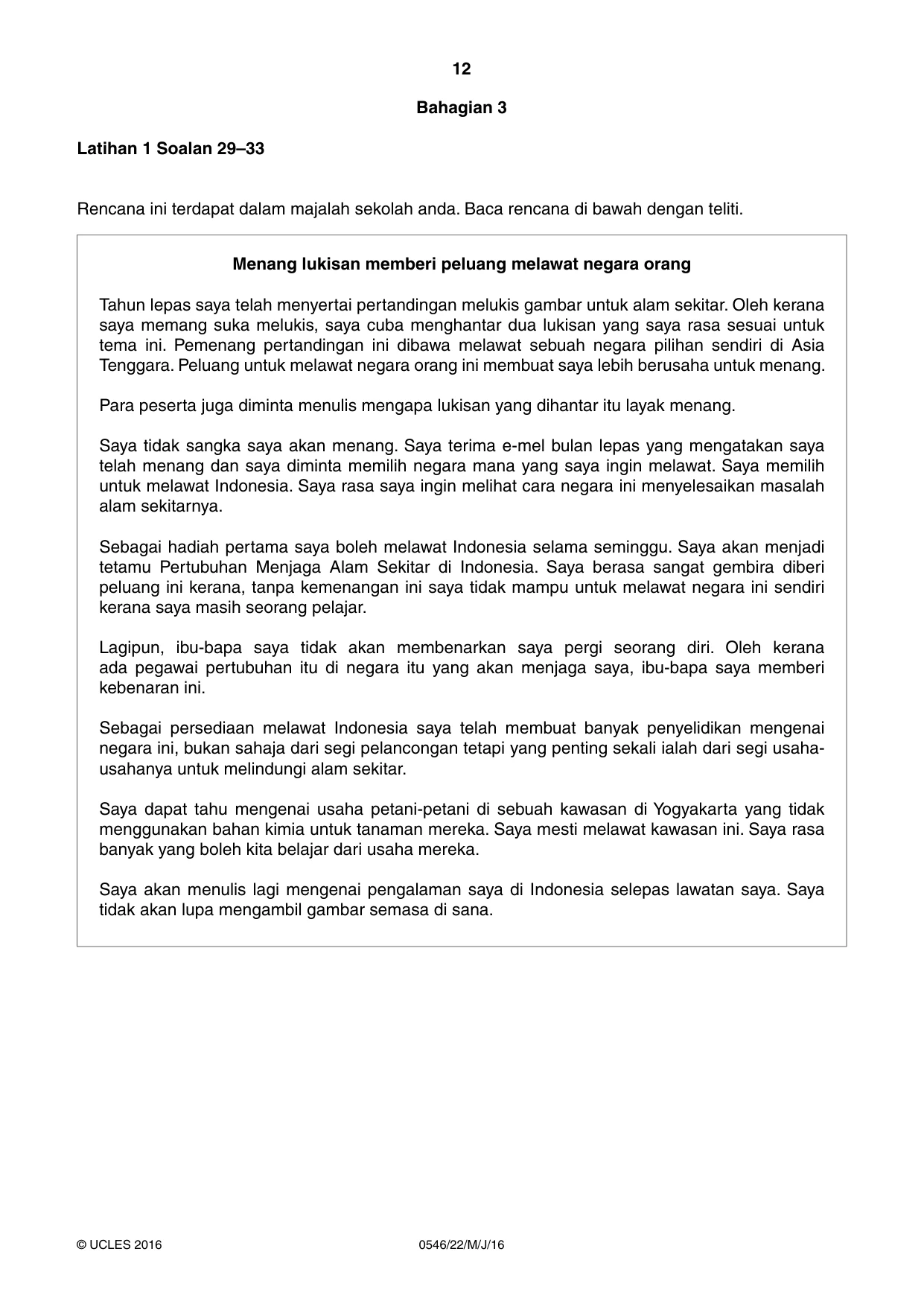 Cambridge IGCSE Malay - Foreign Language 0546 2016 May/June Paper 2 · Variant 2 question paper, page 12 of 16