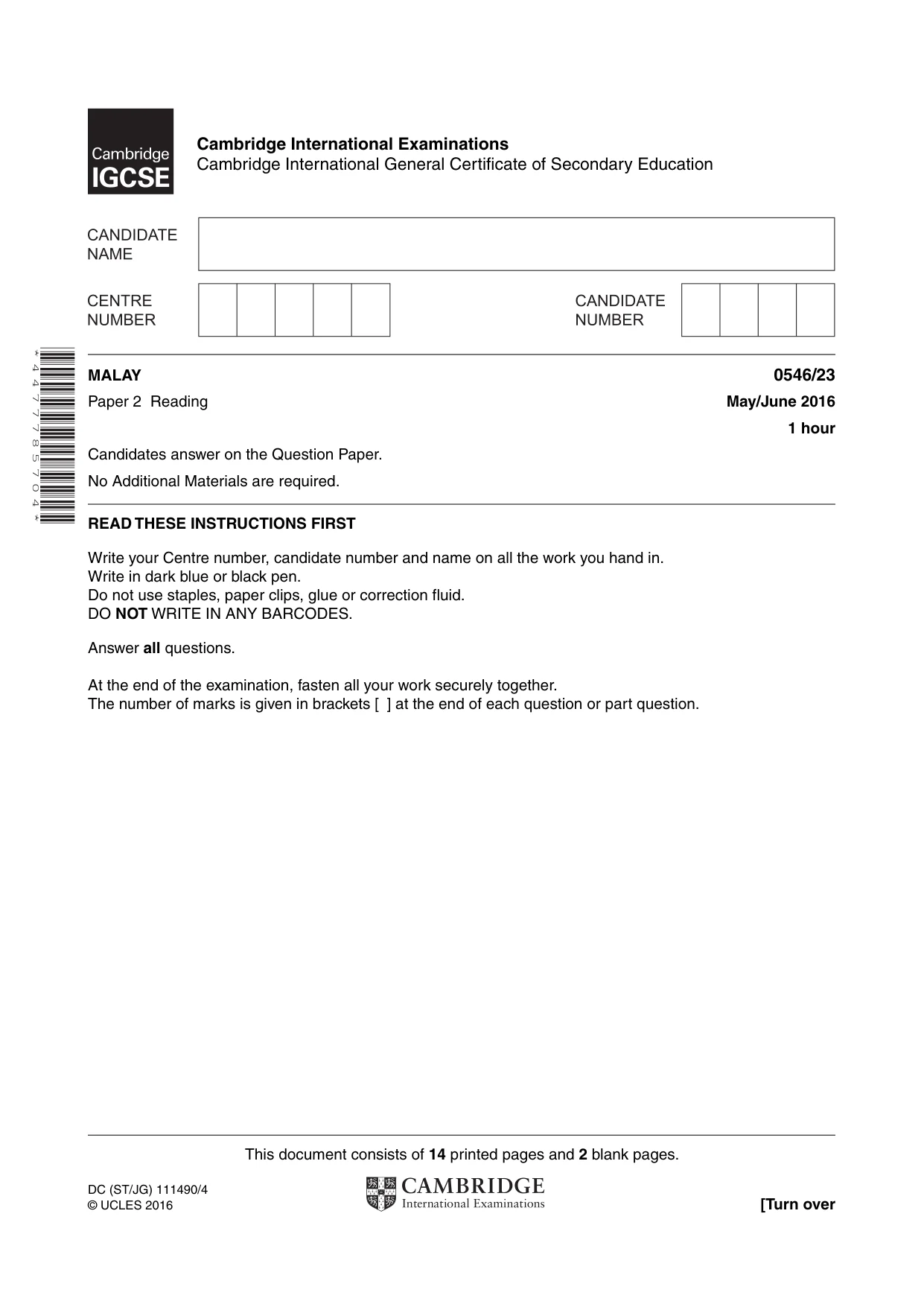 Cambridge IGCSE Malay - Foreign Language 0546 2016 May/June Paper 2 · Variant 3 question paper, page 1 of 16