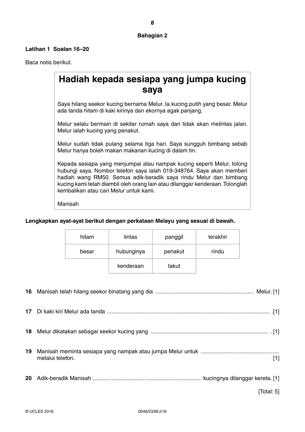 Cambridge IGCSE Malay - Foreign Language 0546 2016 May/June Paper 2 · Variant 3 question paper, page 8 of 16