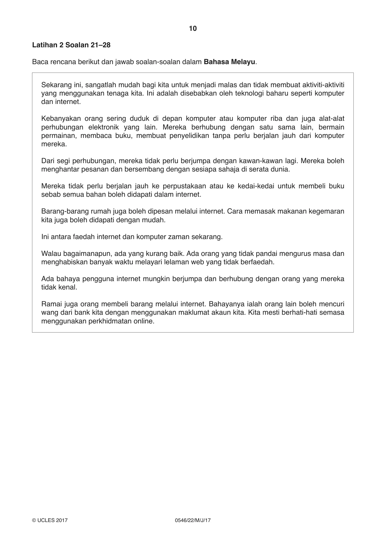 Cambridge IGCSE Malay - Foreign Language 0546 2017 May/June Paper 2 · Variant 2 question paper, page 10 of 16