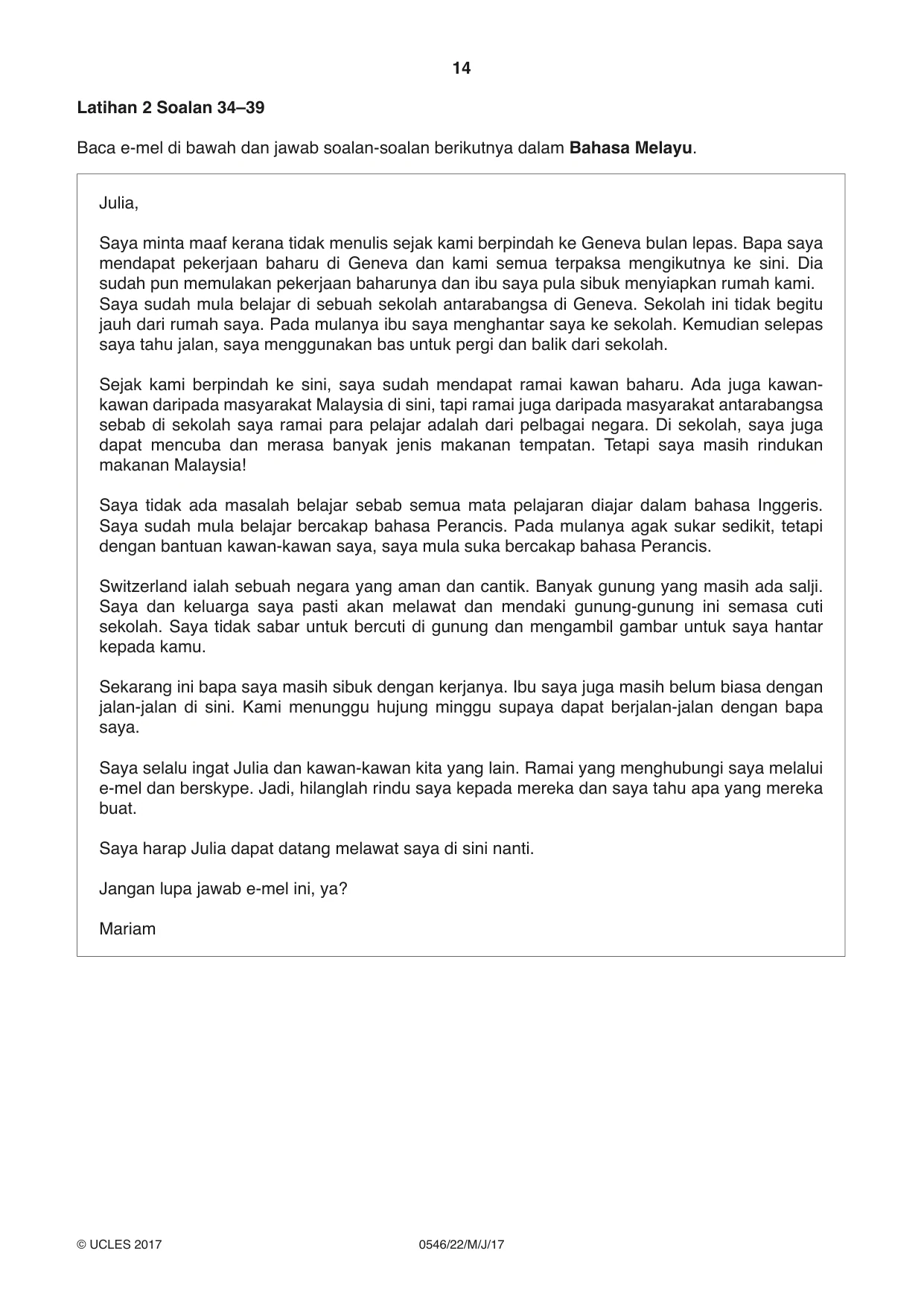 Cambridge IGCSE Malay - Foreign Language 0546 2017 May/June Paper 2 · Variant 2 question paper, page 14 of 16