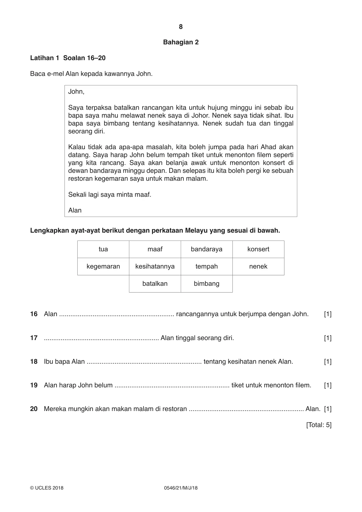 Cambridge IGCSE Malay - Foreign Language 0546 2018 May/June Paper 2 · Variant 1 question paper, page 8 of 16
