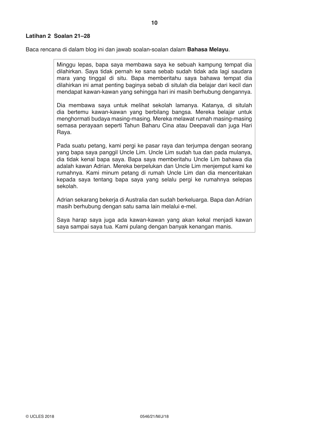 Cambridge IGCSE Malay - Foreign Language 0546 2018 May/June Paper 2 · Variant 1 question paper, page 10 of 16