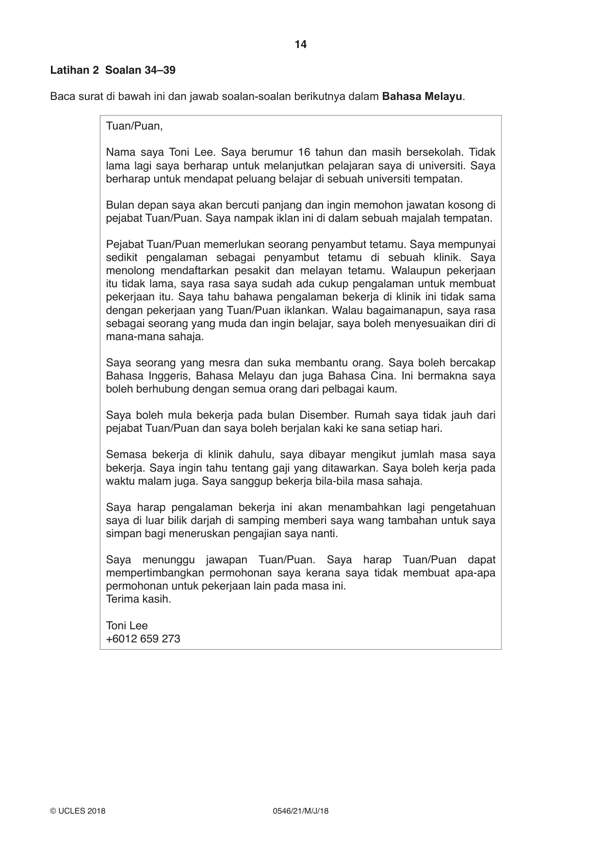 Cambridge IGCSE Malay - Foreign Language 0546 2018 May/June Paper 2 · Variant 1 question paper, page 14 of 16