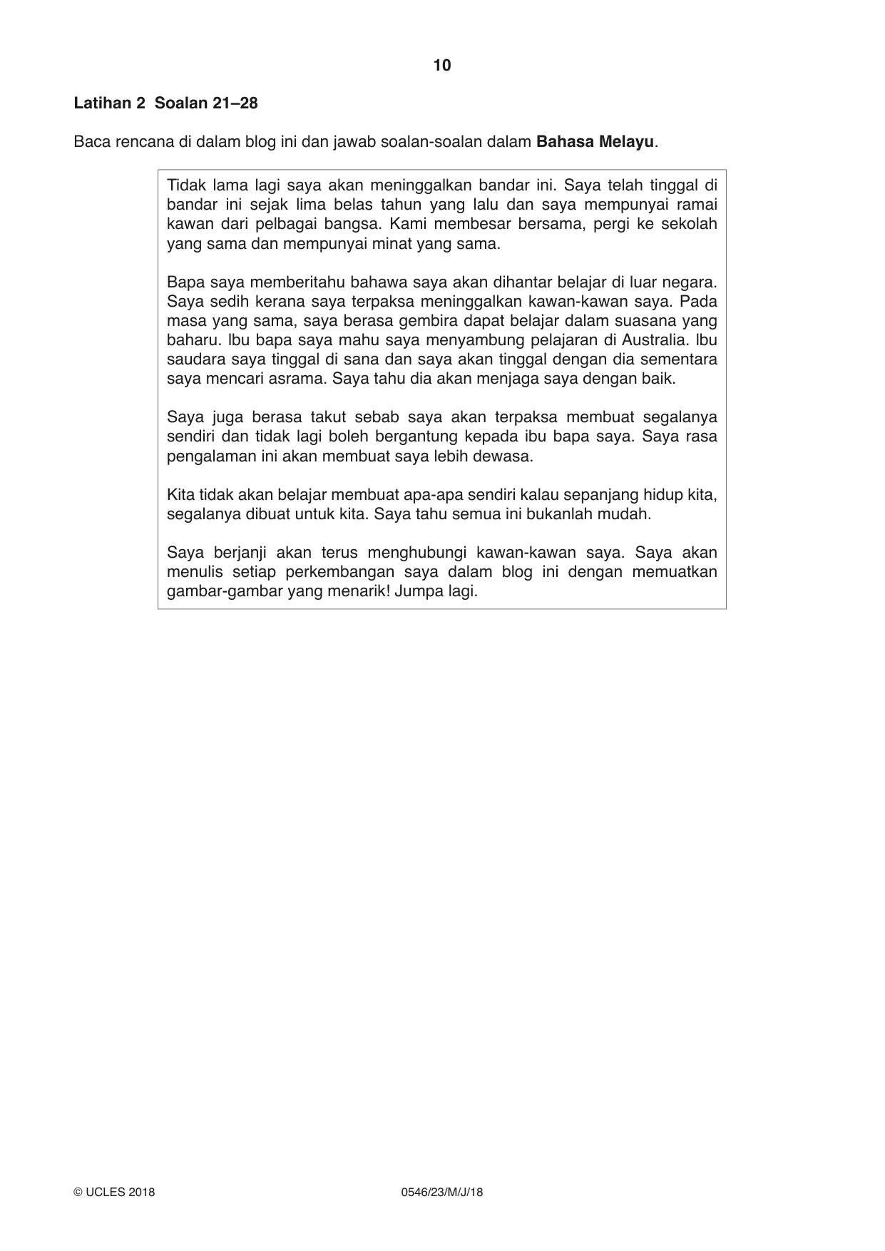 Cambridge IGCSE Malay - Foreign Language 0546 2018 May/June Paper 2 · Variant 3 question paper, page 10 of 16