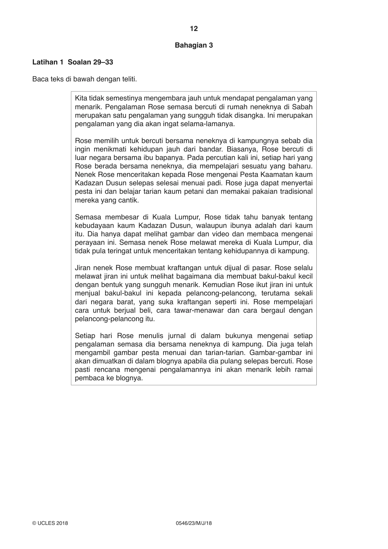 Cambridge IGCSE Malay - Foreign Language 0546 2018 May/June Paper 2 · Variant 3 question paper, page 12 of 16