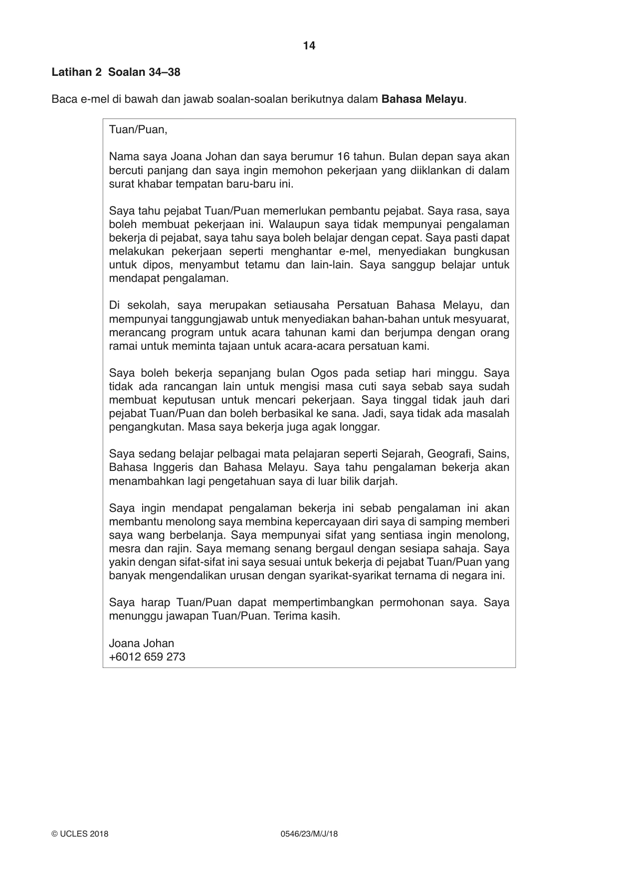 Cambridge IGCSE Malay - Foreign Language 0546 2018 May/June Paper 2 · Variant 3 question paper, page 14 of 16