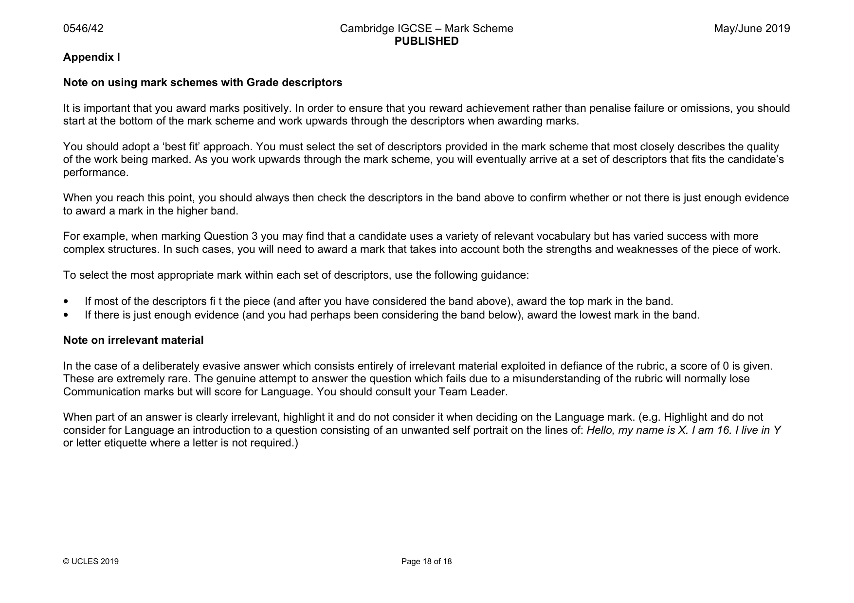 Mark scheme, page 18 of 18