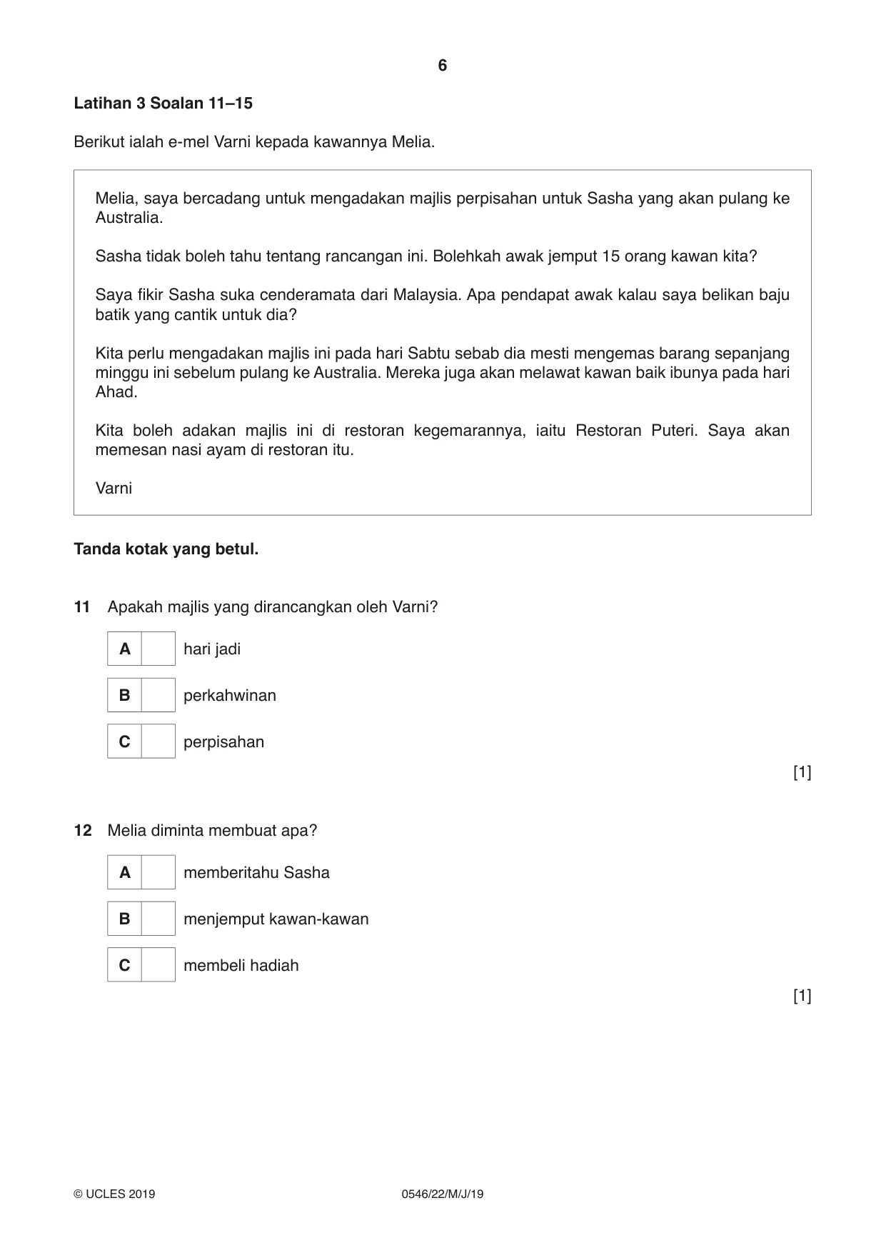 Cambridge IGCSE Malay - Foreign Language 0546 2019 May/June Paper 2 · Variant 2 question paper, page 6 of 16
