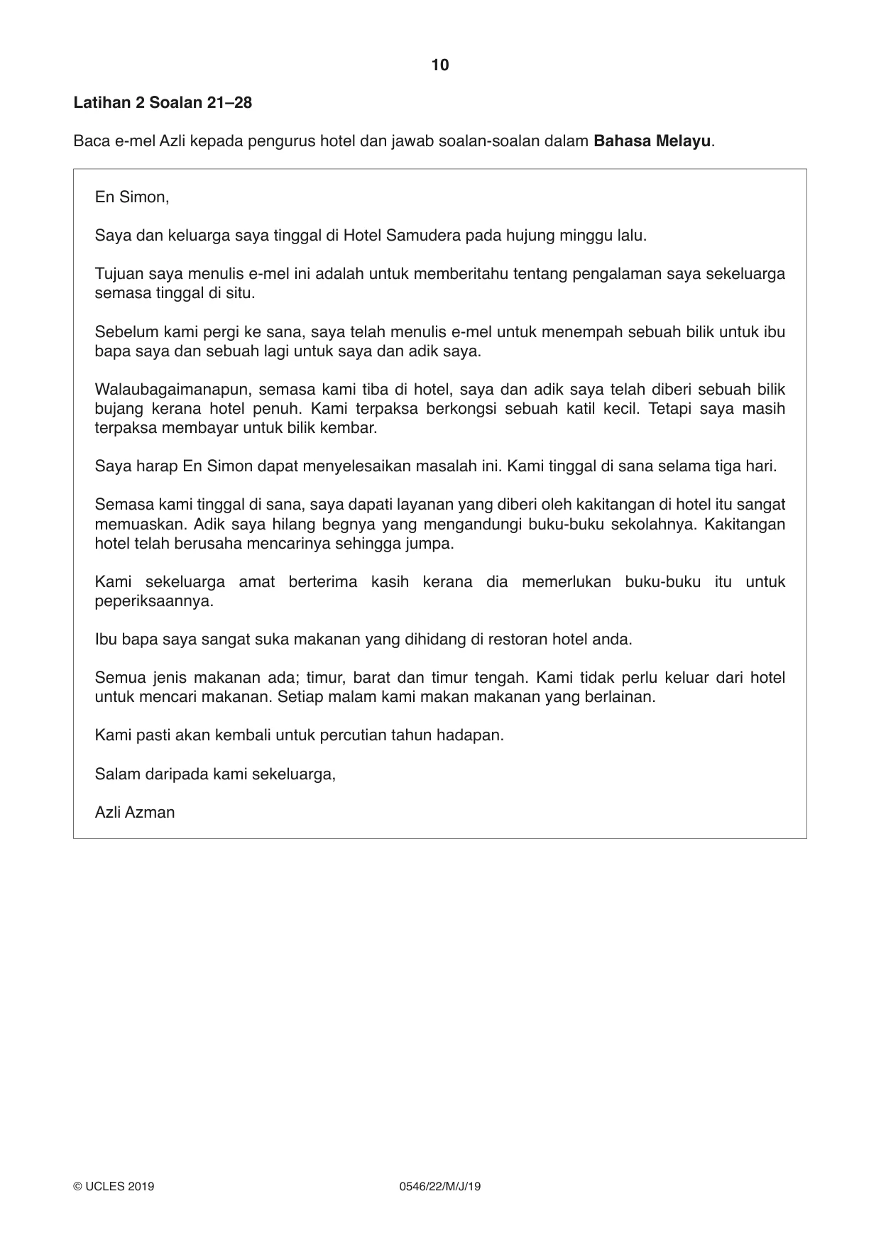 Cambridge IGCSE Malay - Foreign Language 0546 2019 May/June Paper 2 · Variant 2 question paper, page 10 of 16