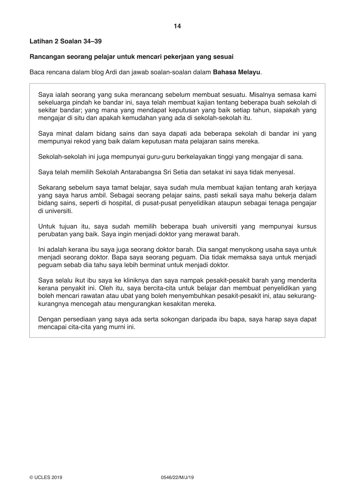 Cambridge IGCSE Malay - Foreign Language 0546 2019 May/June Paper 2 · Variant 2 question paper, page 14 of 16