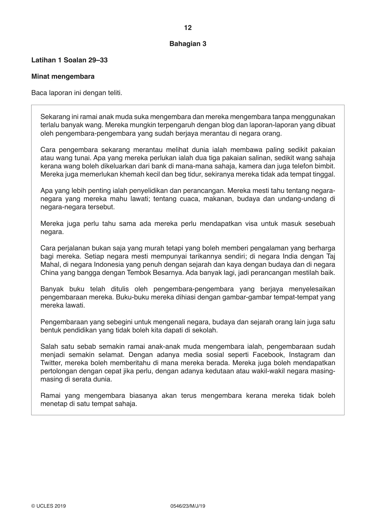 Cambridge IGCSE Malay - Foreign Language 0546 2019 May/June Paper 2 · Variant 3 question paper, page 12 of 16