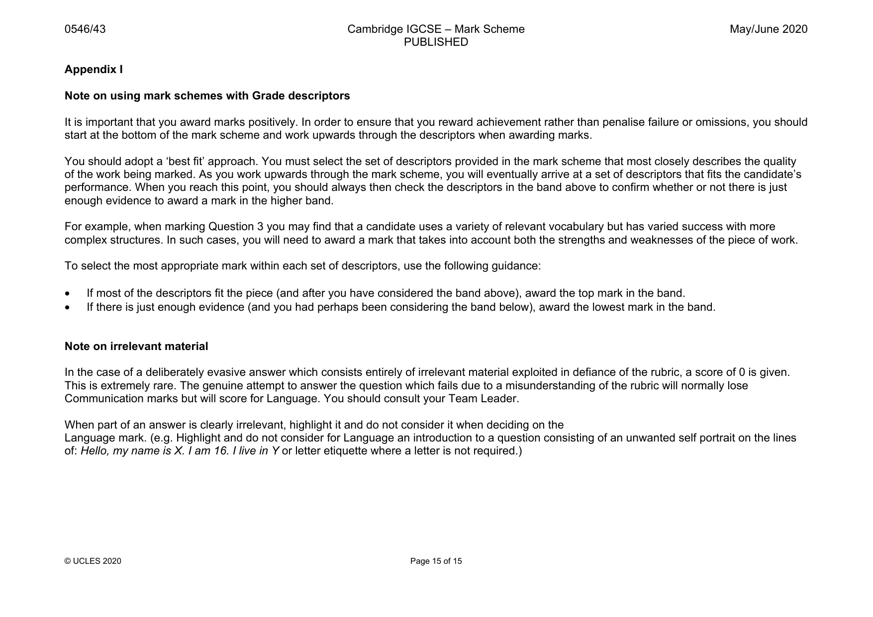 Mark scheme, page 15 of 15