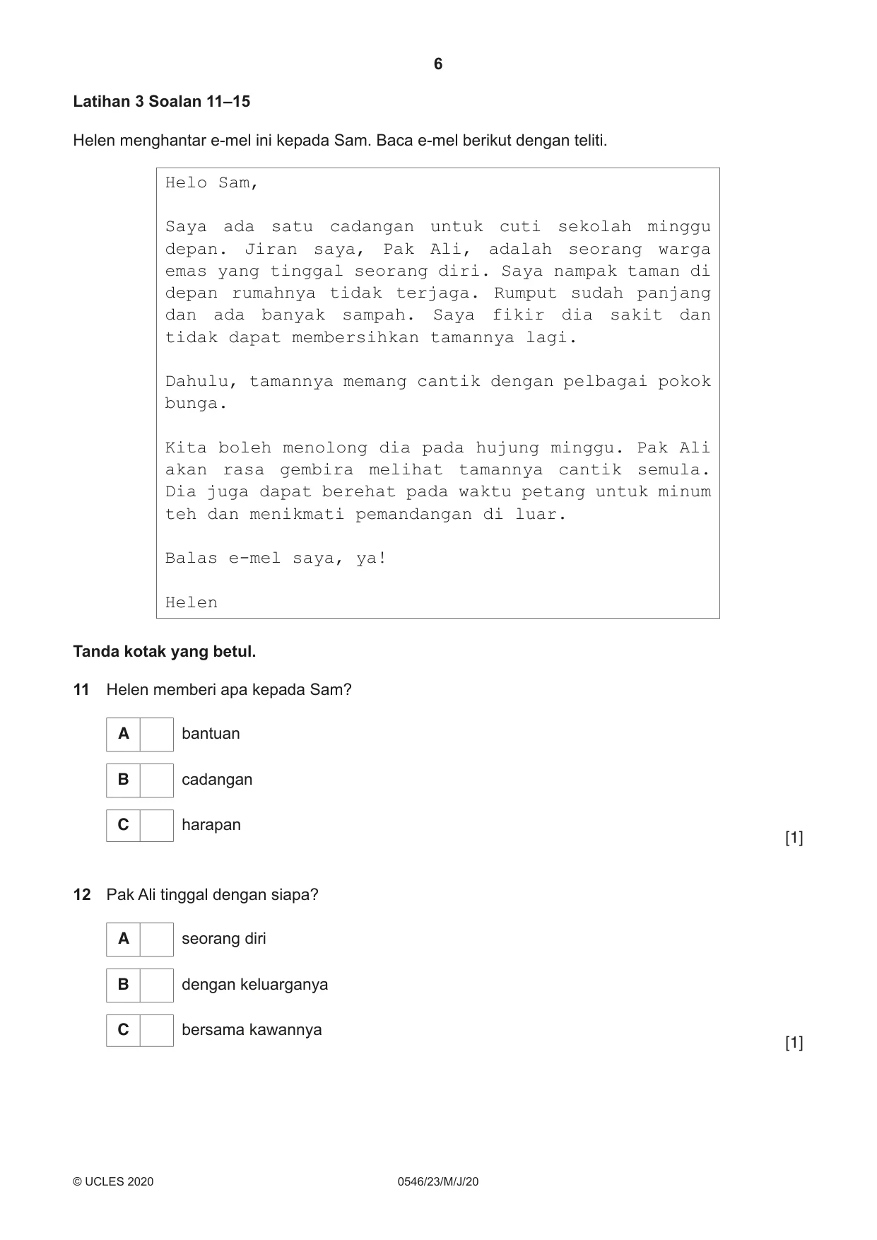 Cambridge IGCSE Malay - Foreign Language 0546 2020 May/June Paper 2 · Variant 3 question paper, page 6 of 16