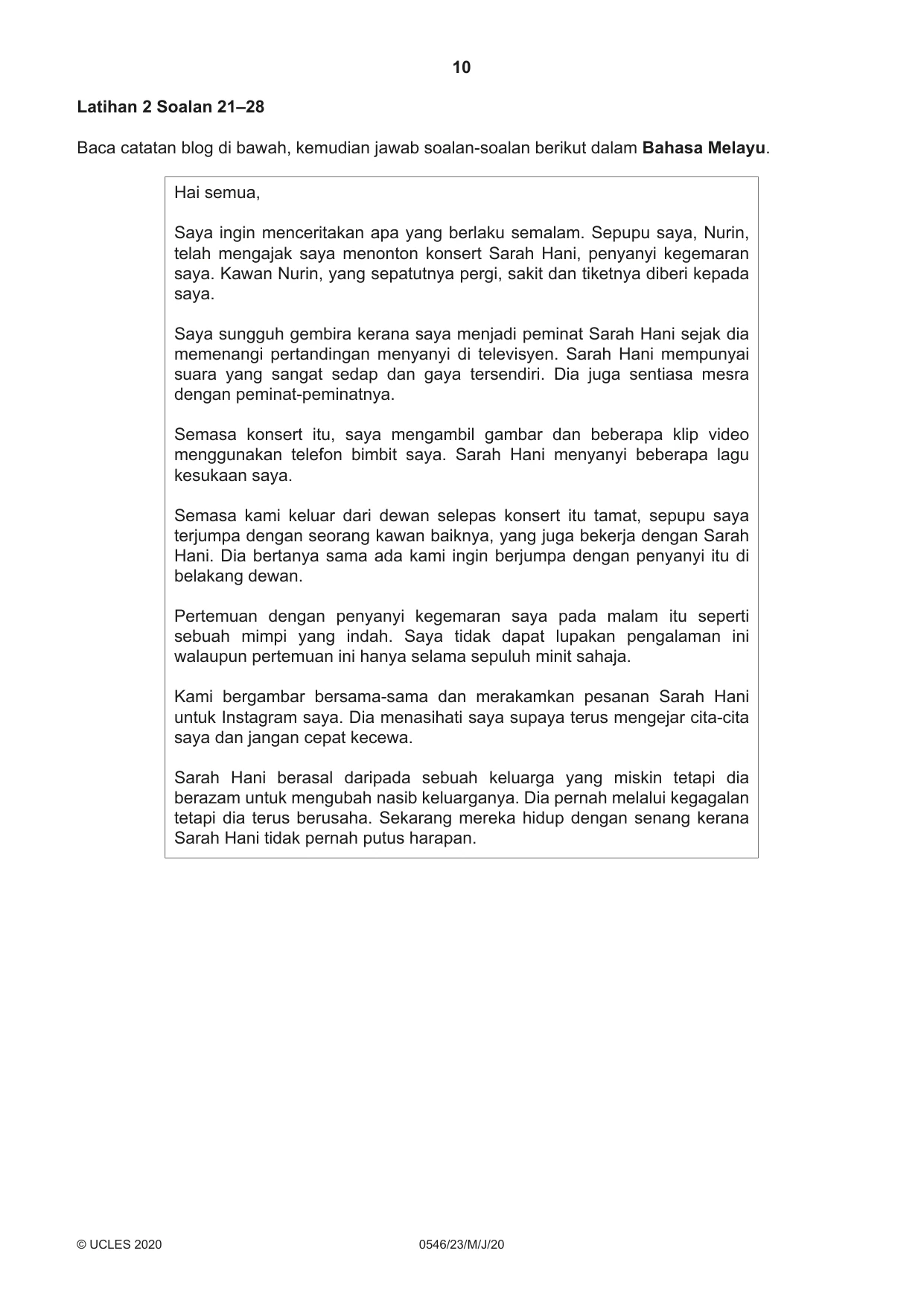 Cambridge IGCSE Malay - Foreign Language 0546 2020 May/June Paper 2 · Variant 3 question paper, page 10 of 16