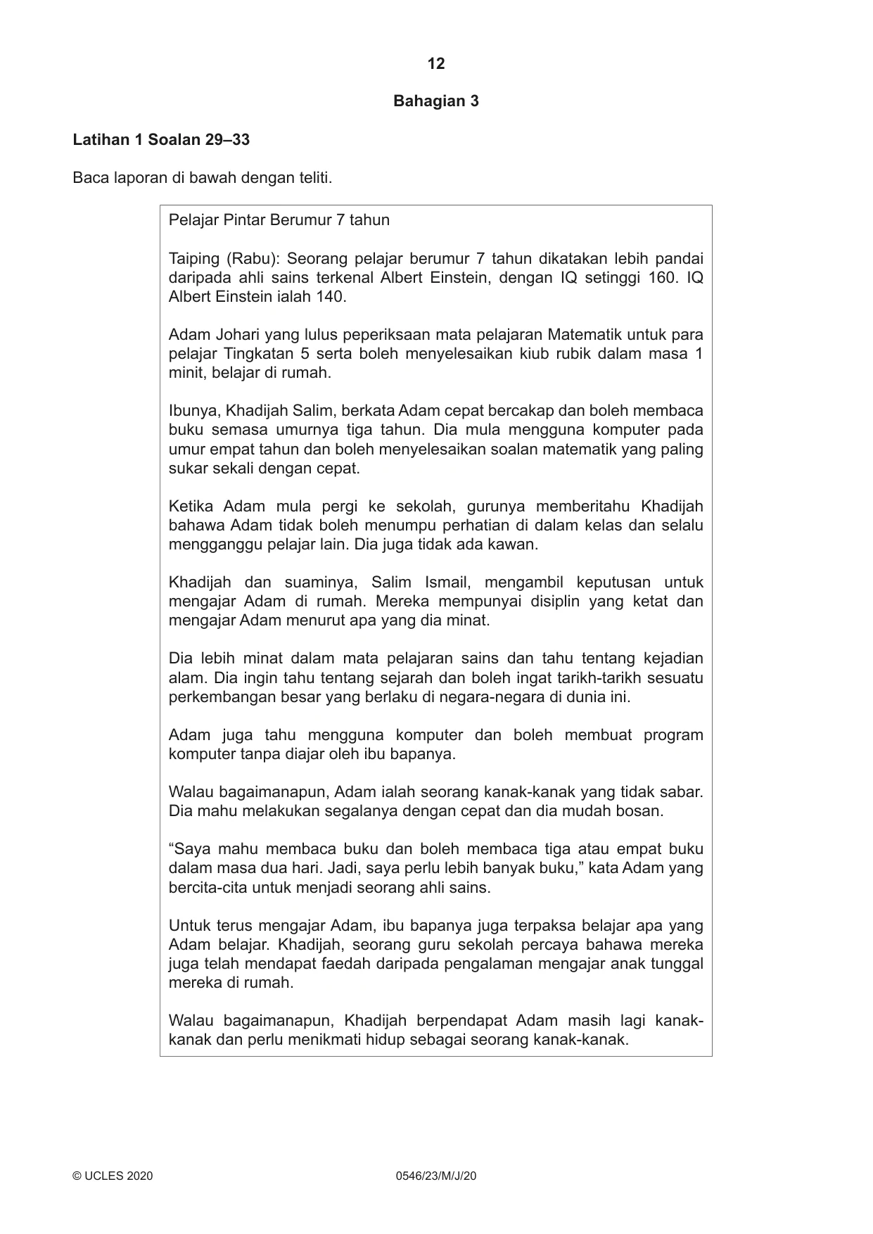 Cambridge IGCSE Malay - Foreign Language 0546 2020 May/June Paper 2 · Variant 3 question paper, page 12 of 16