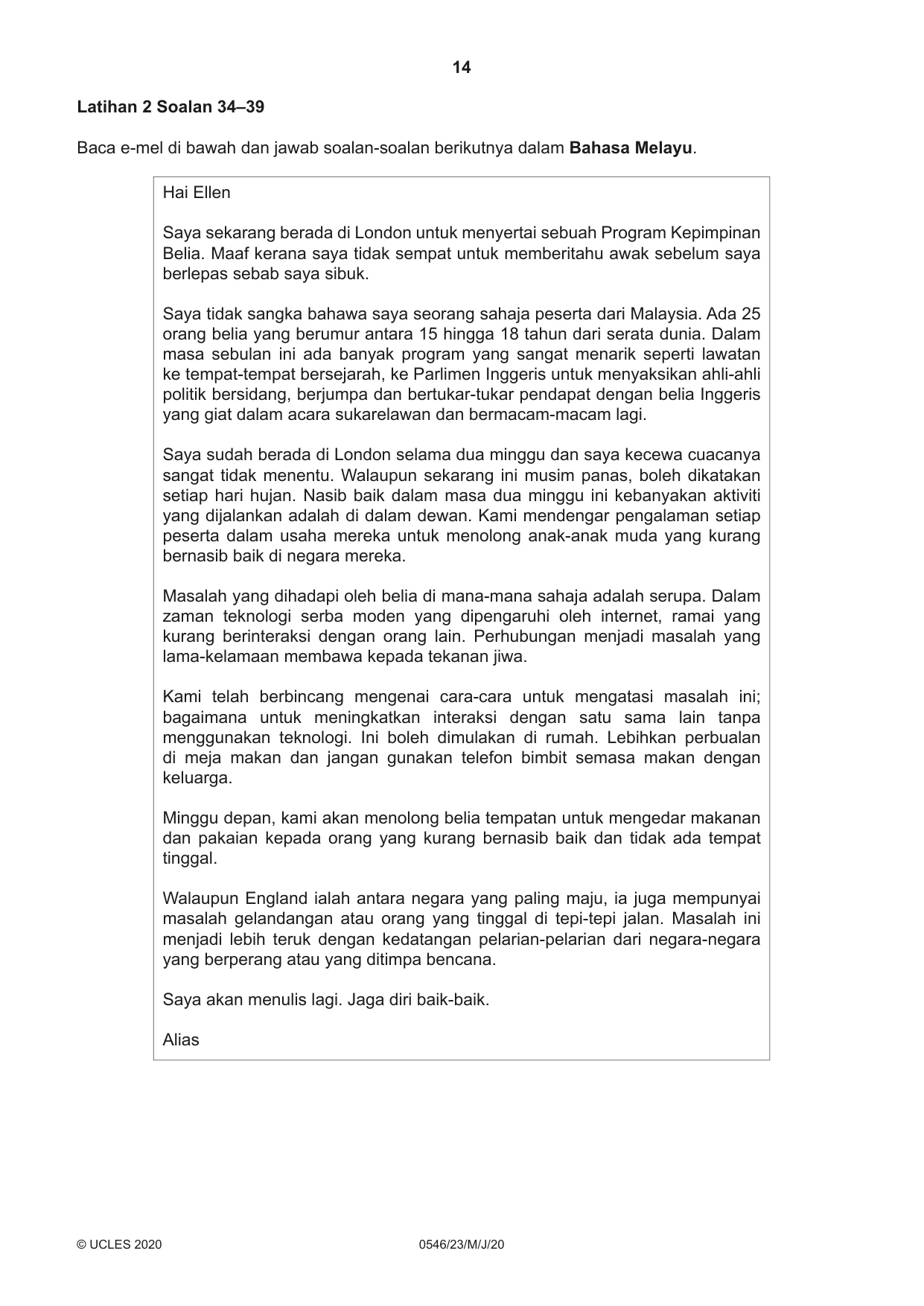 Cambridge IGCSE Malay - Foreign Language 0546 2020 May/June Paper 2 · Variant 3 question paper, page 14 of 16