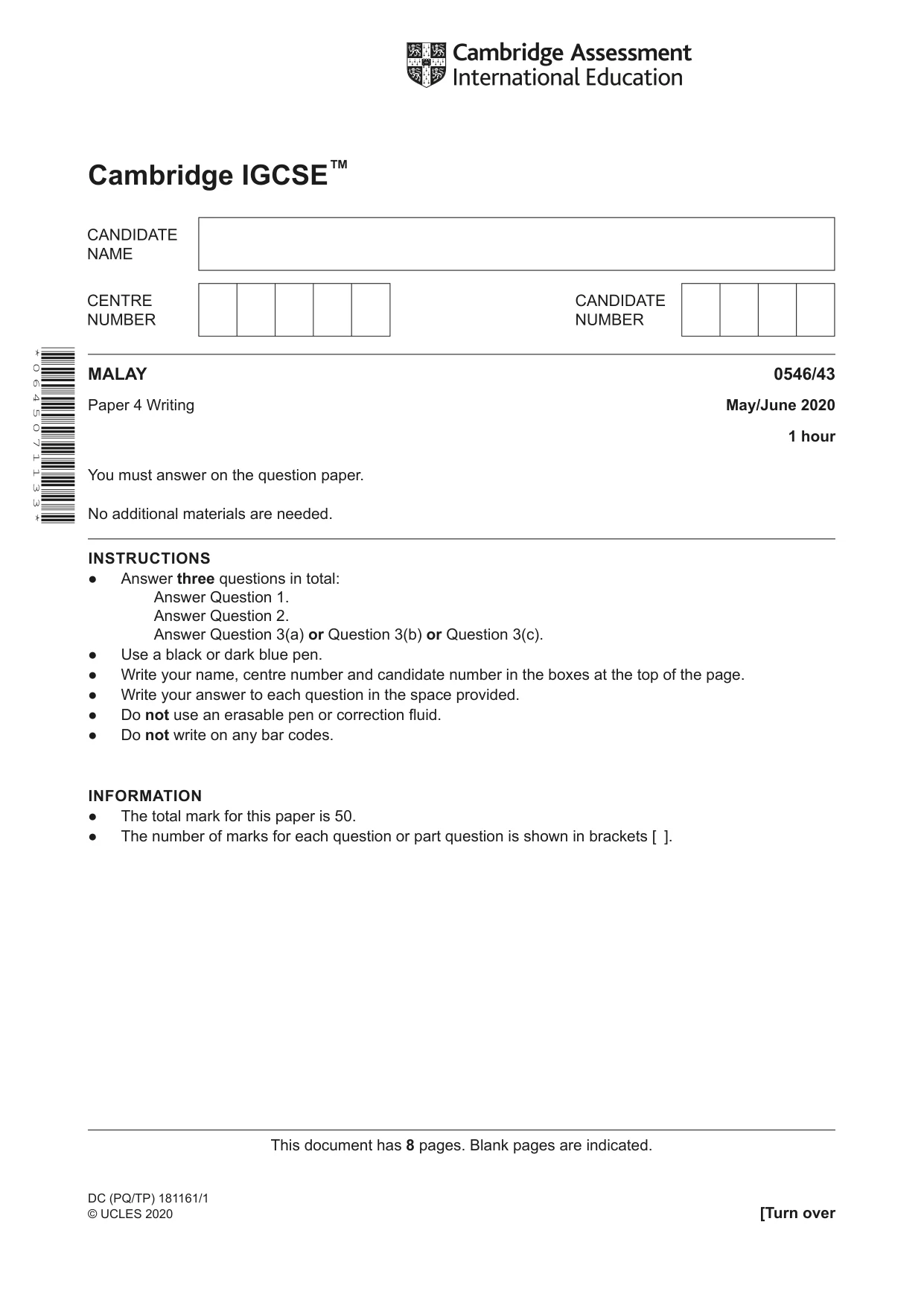 Cambridge IGCSE Malay - Foreign Language 0546 2020 May/June Paper 4 · Variant 3 question paper, page 1 of 8