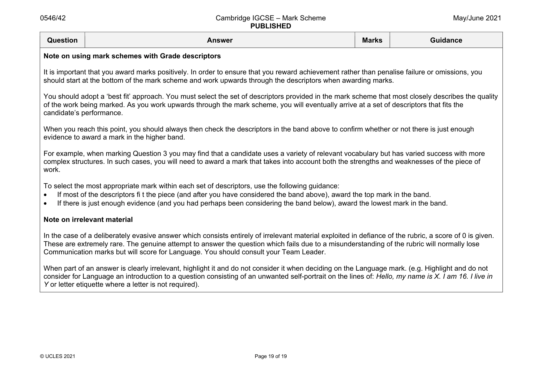 Mark scheme, page 19 of 19