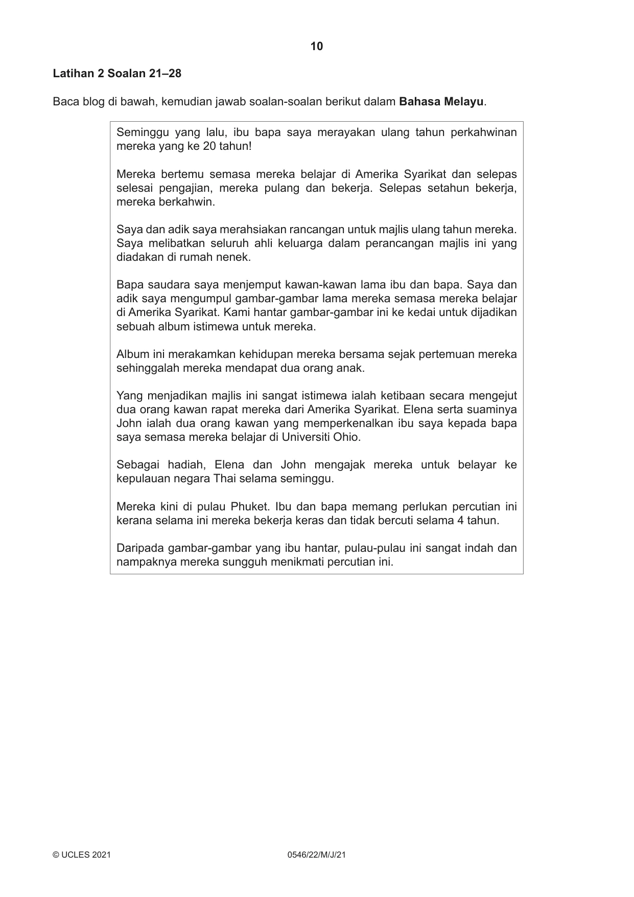 Cambridge IGCSE Malay - Foreign Language 0546 2021 May/June Paper 2 · Variant 2 question paper, page 10 of 16