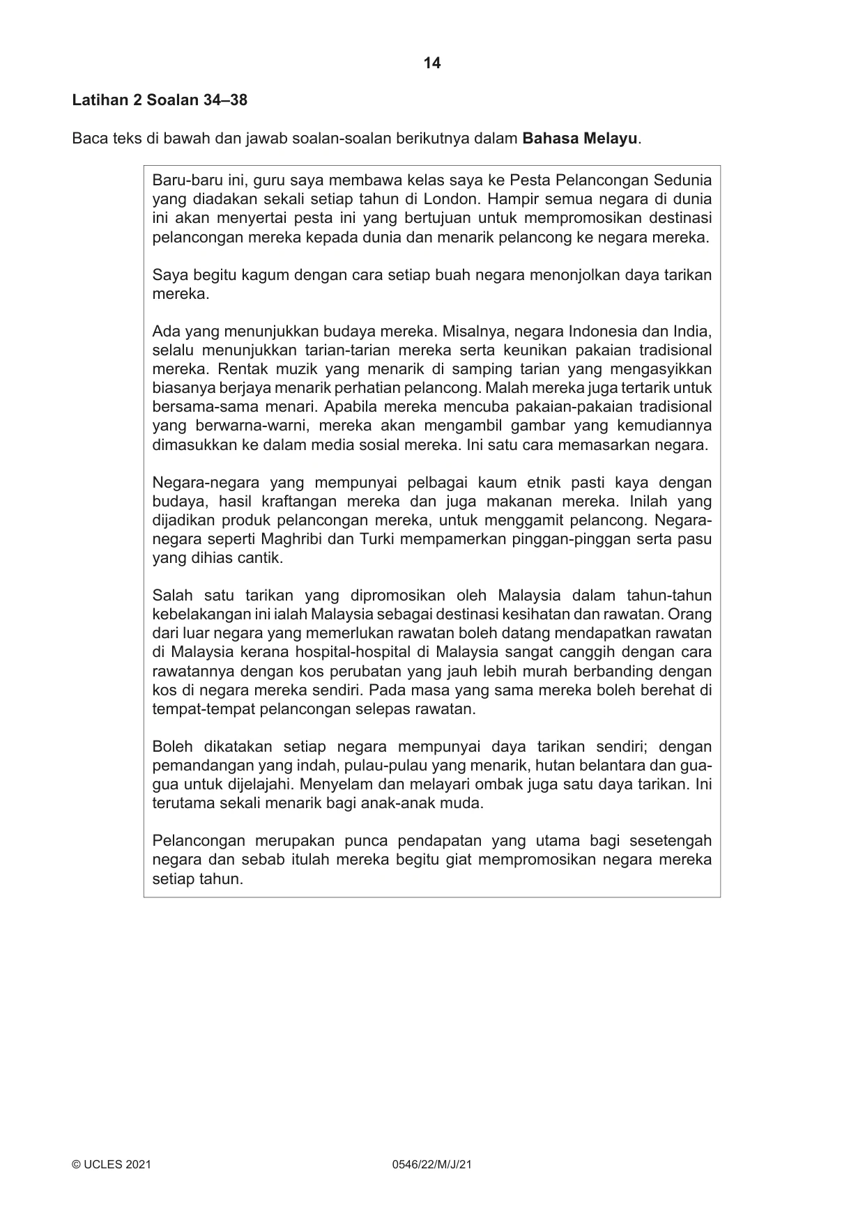 Cambridge IGCSE Malay - Foreign Language 0546 2021 May/June Paper 2 · Variant 2 question paper, page 14 of 16
