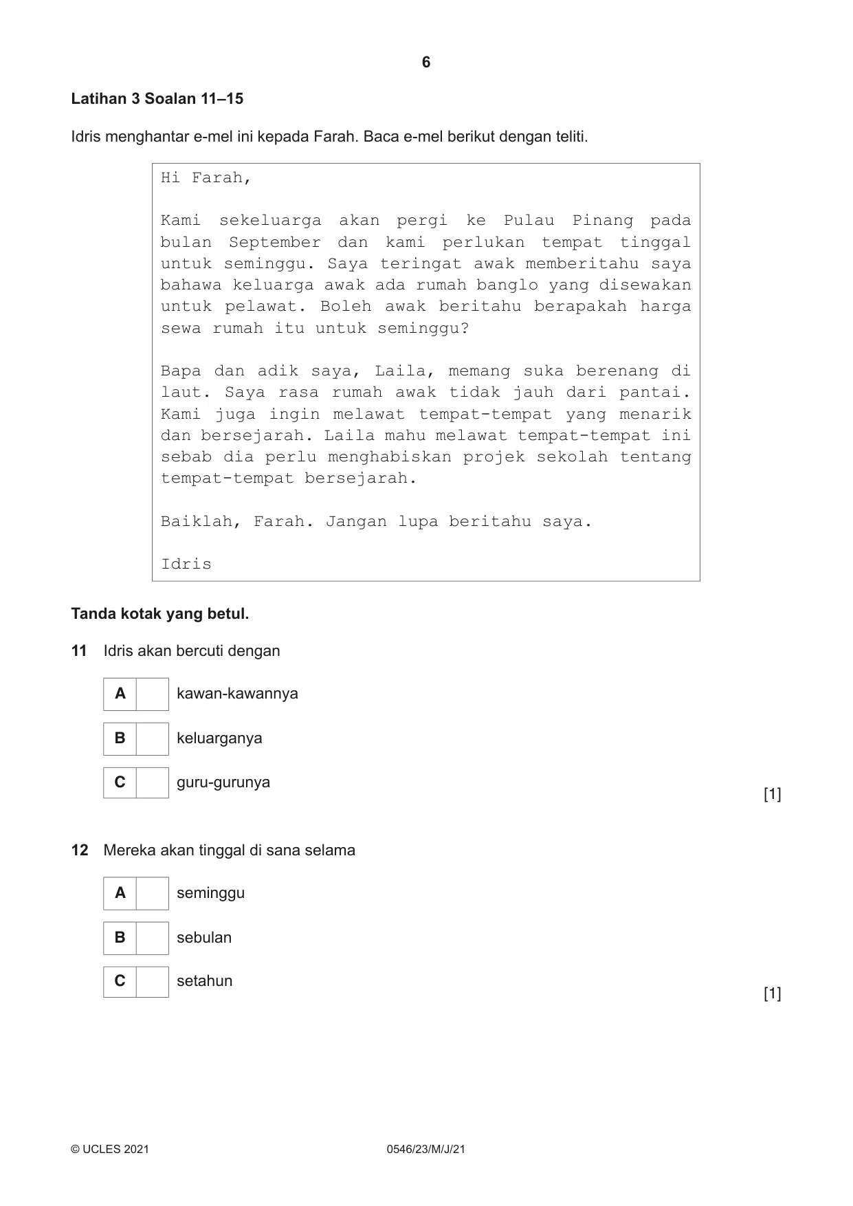 Cambridge IGCSE Malay - Foreign Language 0546 2021 May/June Paper 2 · Variant 3 question paper, page 6 of 16