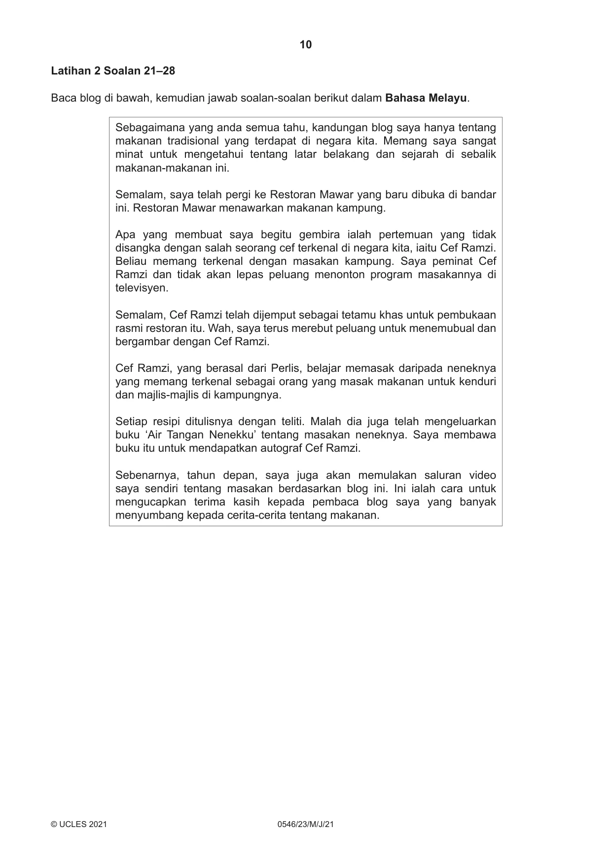 Cambridge IGCSE Malay - Foreign Language 0546 2021 May/June Paper 2 · Variant 3 question paper, page 10 of 16