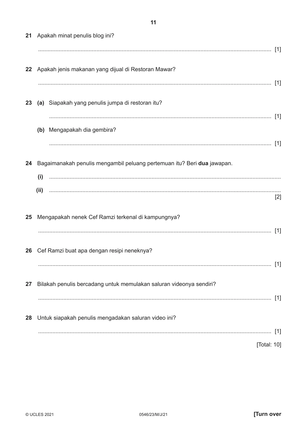 Cambridge IGCSE Malay - Foreign Language 0546 2021 May/June Paper 2 · Variant 3 question paper, page 11 of 16