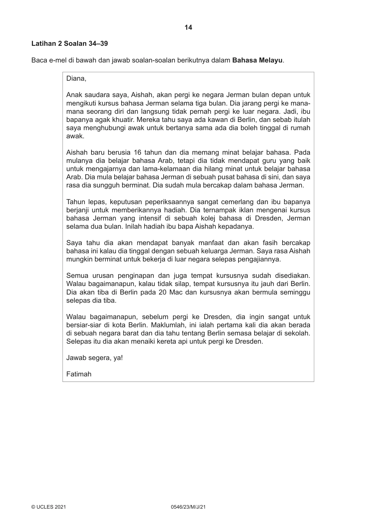 Cambridge IGCSE Malay - Foreign Language 0546 2021 May/June Paper 2 · Variant 3 question paper, page 14 of 16