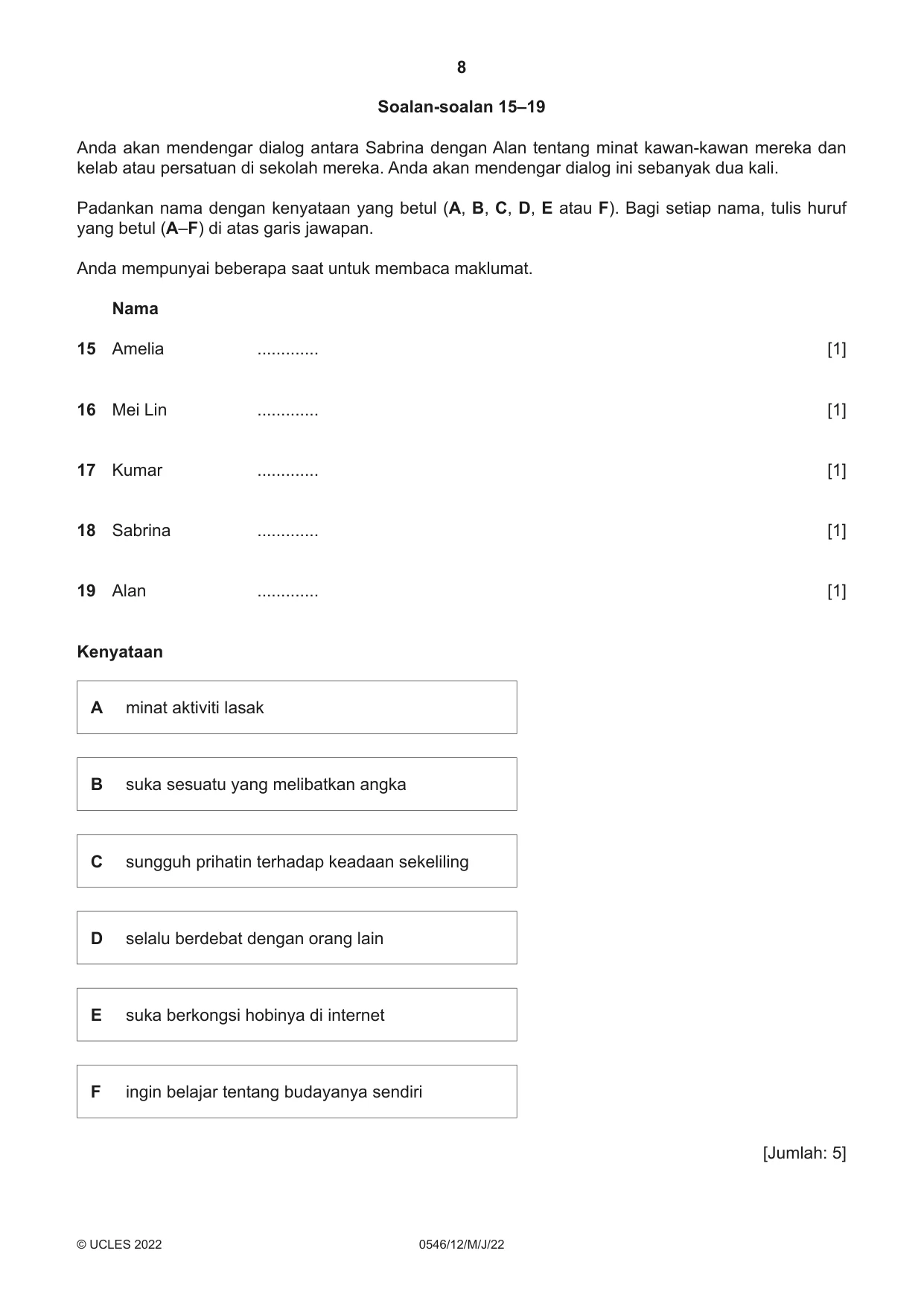 Cambridge IGCSE Malay - Foreign Language 0546 2022 May/June Paper 1 · Variant 2 question paper, page 8 of 16